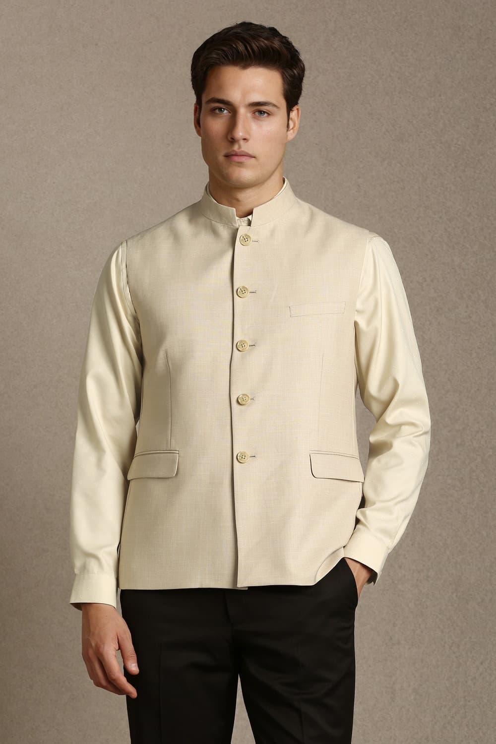 Men Casual Beige Solid Nehru Jacket | Louisphilippe Men Casual Beige Solid Nehru Jacket | Louisphilippe