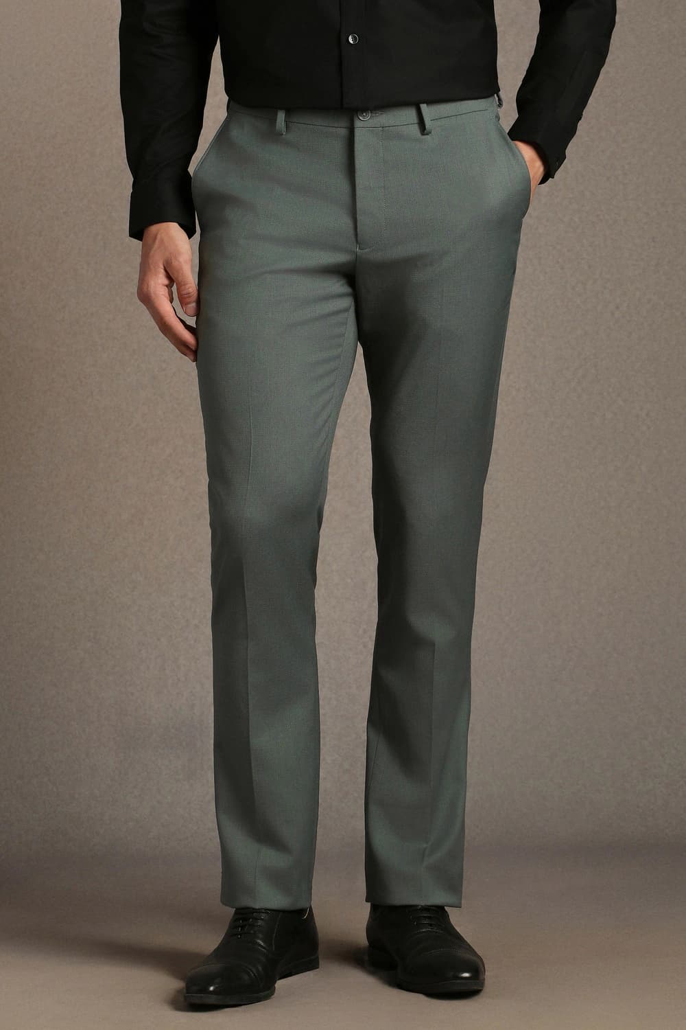 Men Grey Slim Fit Textured Flat Front Formal Trousers | Louisphilippe Men Grey Slim Fit Textured Flat Front Formal Trousers | Louisphilippe