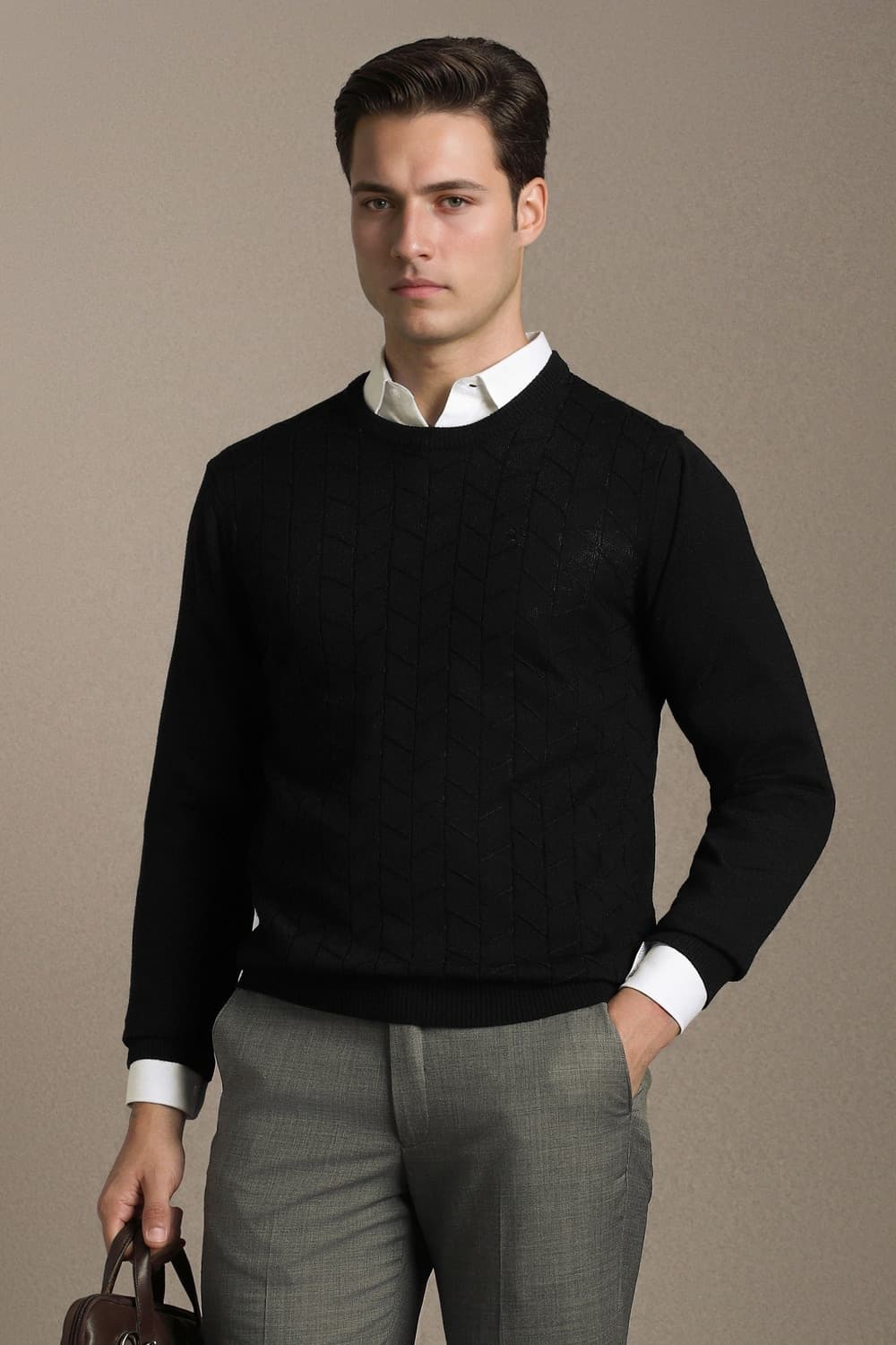 Men Black Textured Crew Neck Full Sleeves Sweater | Louisphilippe Men Black Textured Crew Neck Full Sleeves Sweater | Louisphilippe