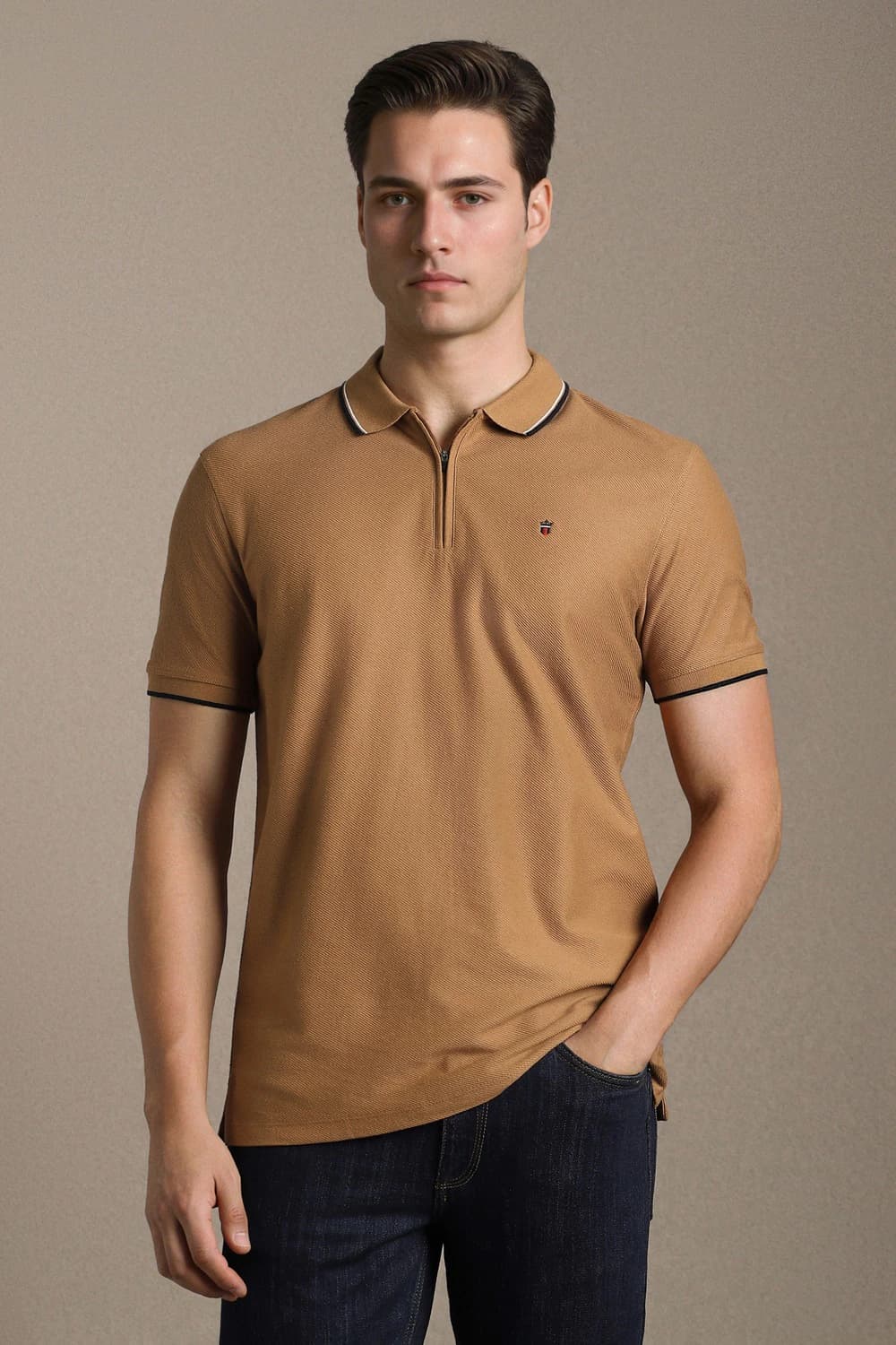 Men Brown Textured Polo Neck T-shirt | Louisphilippe Men Brown Textured Polo Neck T-shirt | Louisphilippe