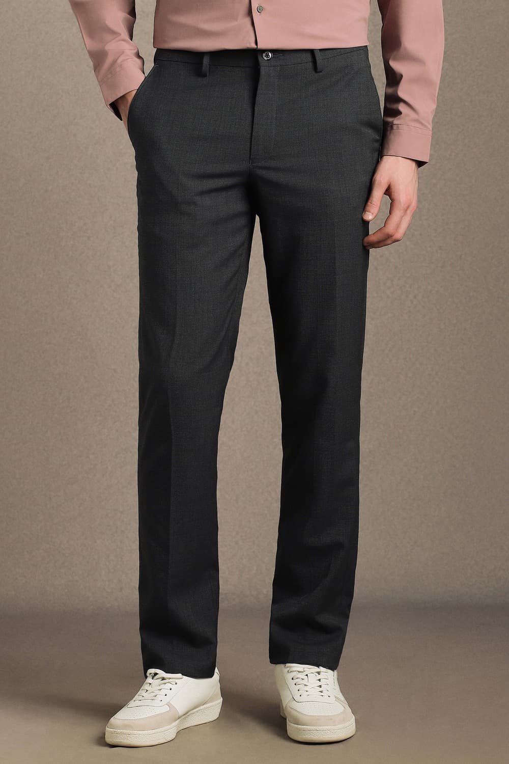 Men Dark Grey Slim Fit Solid Flat Front Formal Trousers | Louisphilippe Men Dark Grey Slim Fit Solid Flat Front Formal Trousers | Louisphilippe