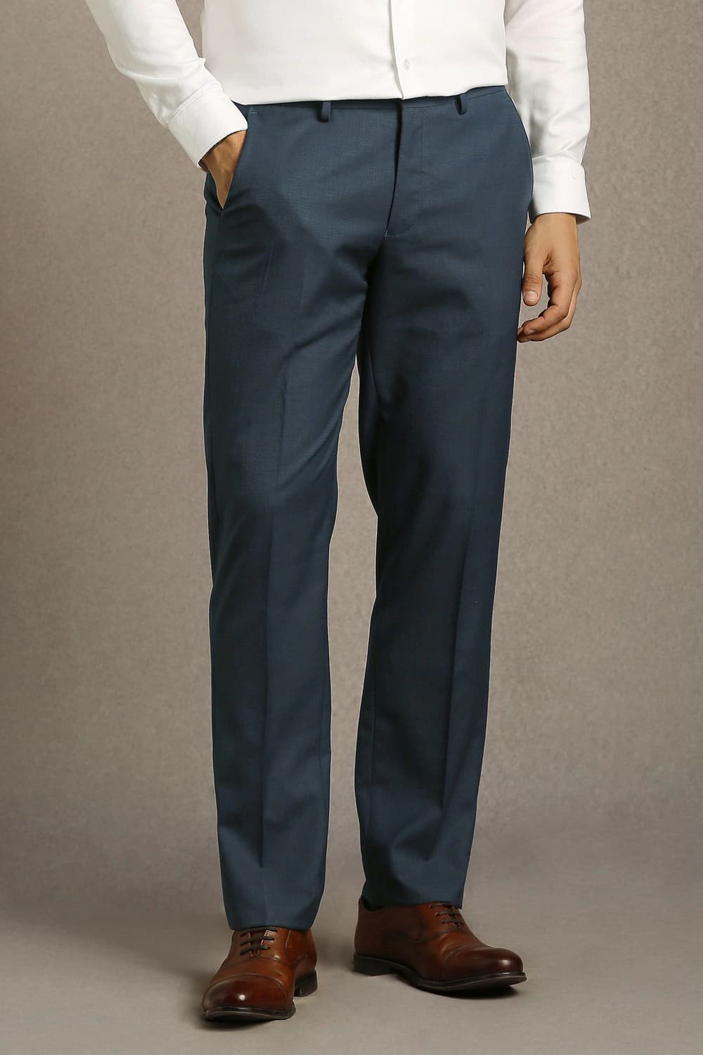 Men Navy Regular Fit Solid Flat Front Formal Trousers | Louisphilippe Men Navy Regular Fit Solid Flat Front Formal Trousers | Louisphilippe