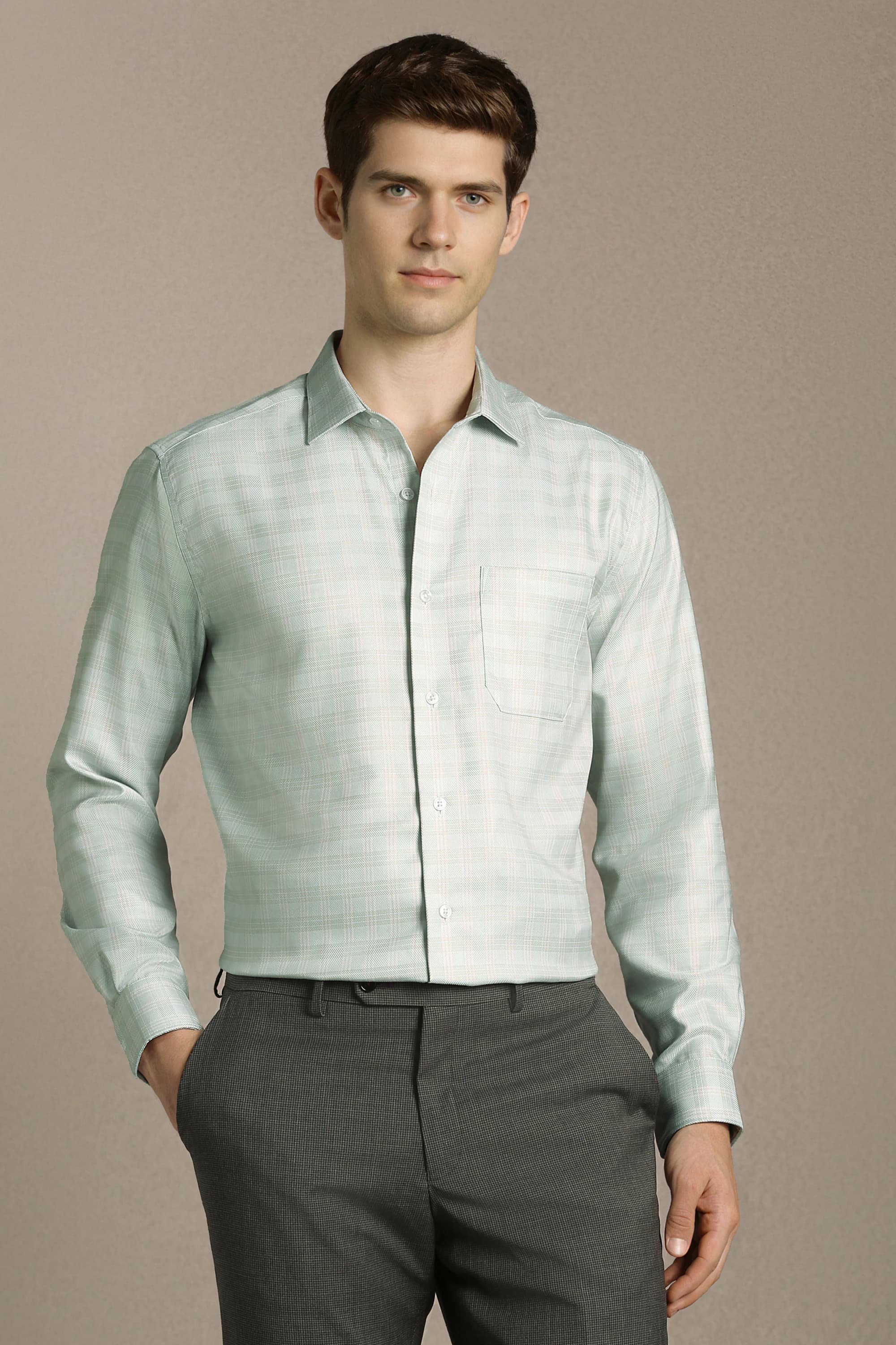 Men Light Green Classic Fit Check Formal Shirt | Louisphilippe Men Light Green Classic Fit Check Formal Shirt | Louisphilippe