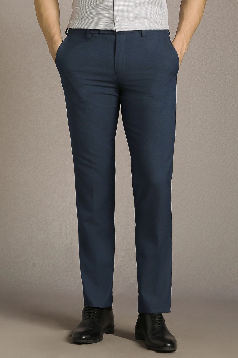 Men Navy Slim Fit Textured Flat Front Formal Trousers | Louisphilippe Men Navy Slim Fit Textured Flat Front Formal Trousers | Louisphilippe
