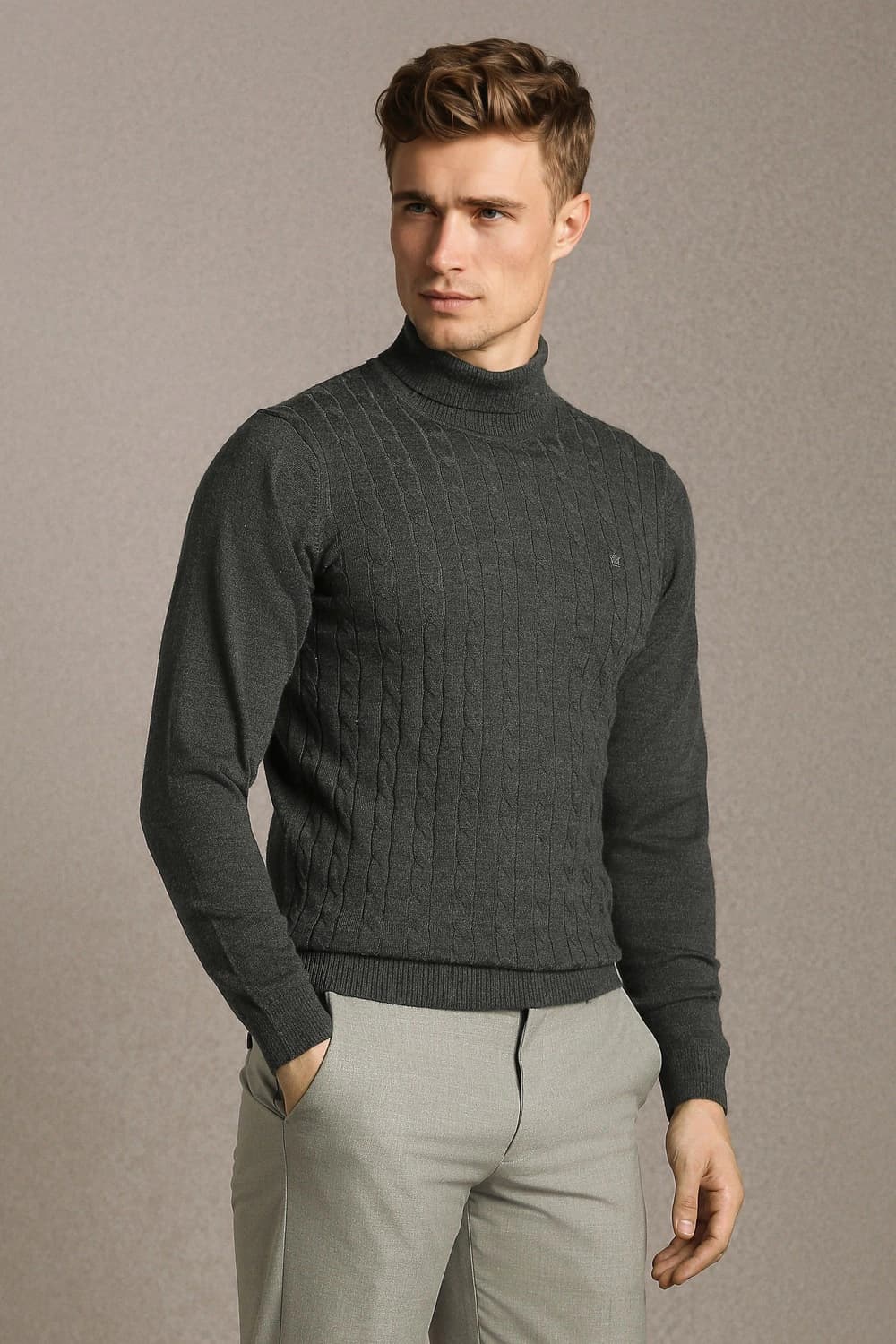Men Grey Textured Turtle Neck Full Sleeves Sweater | Louisphilippe Men Grey Textured Turtle Neck Full Sleeves Sweater | Louisphilippe