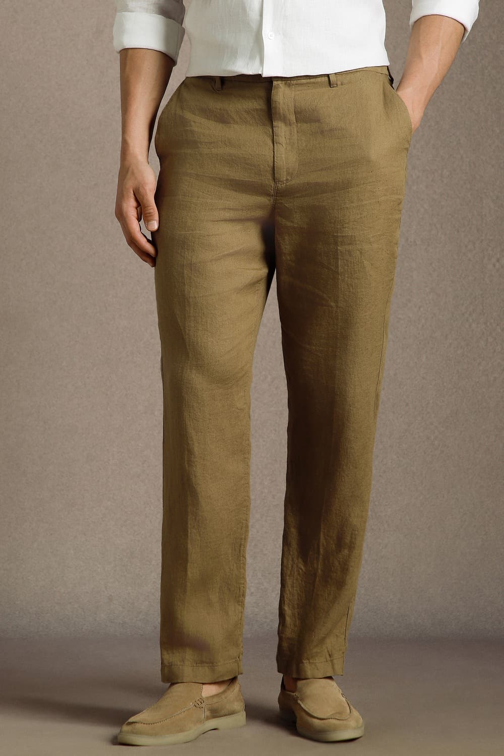Men Khaki Relaxed Fit Solid Flat Front Casual Trousers | Louisphilippe Men Khaki Relaxed Fit Solid Flat Front Casual Trousers | Louisphilippe
