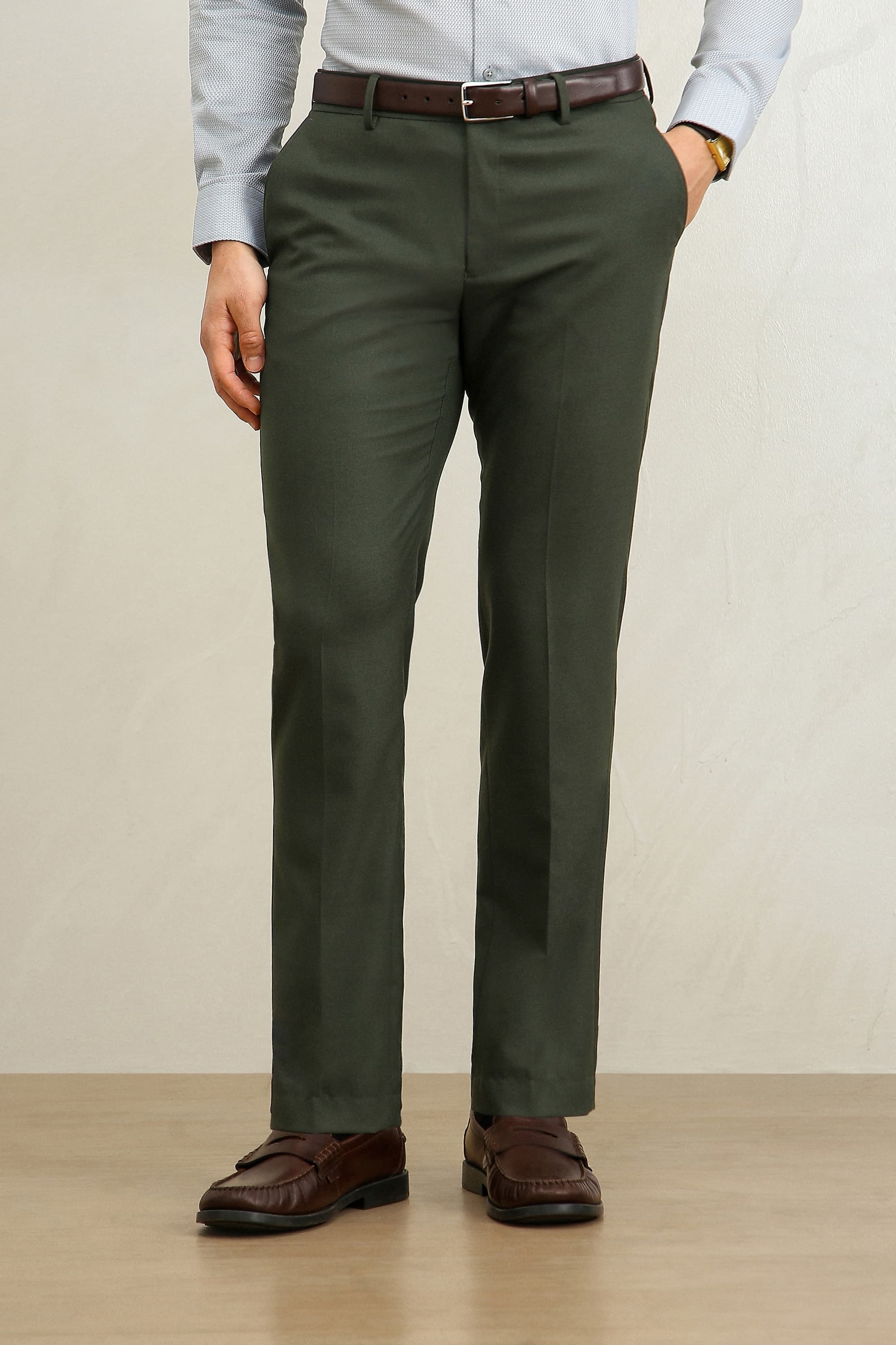 Men Olive Regular Fit Solid Formal Trousers | Louisphilippe Men Olive Regular Fit Solid Formal Trousers | Louisphilippe