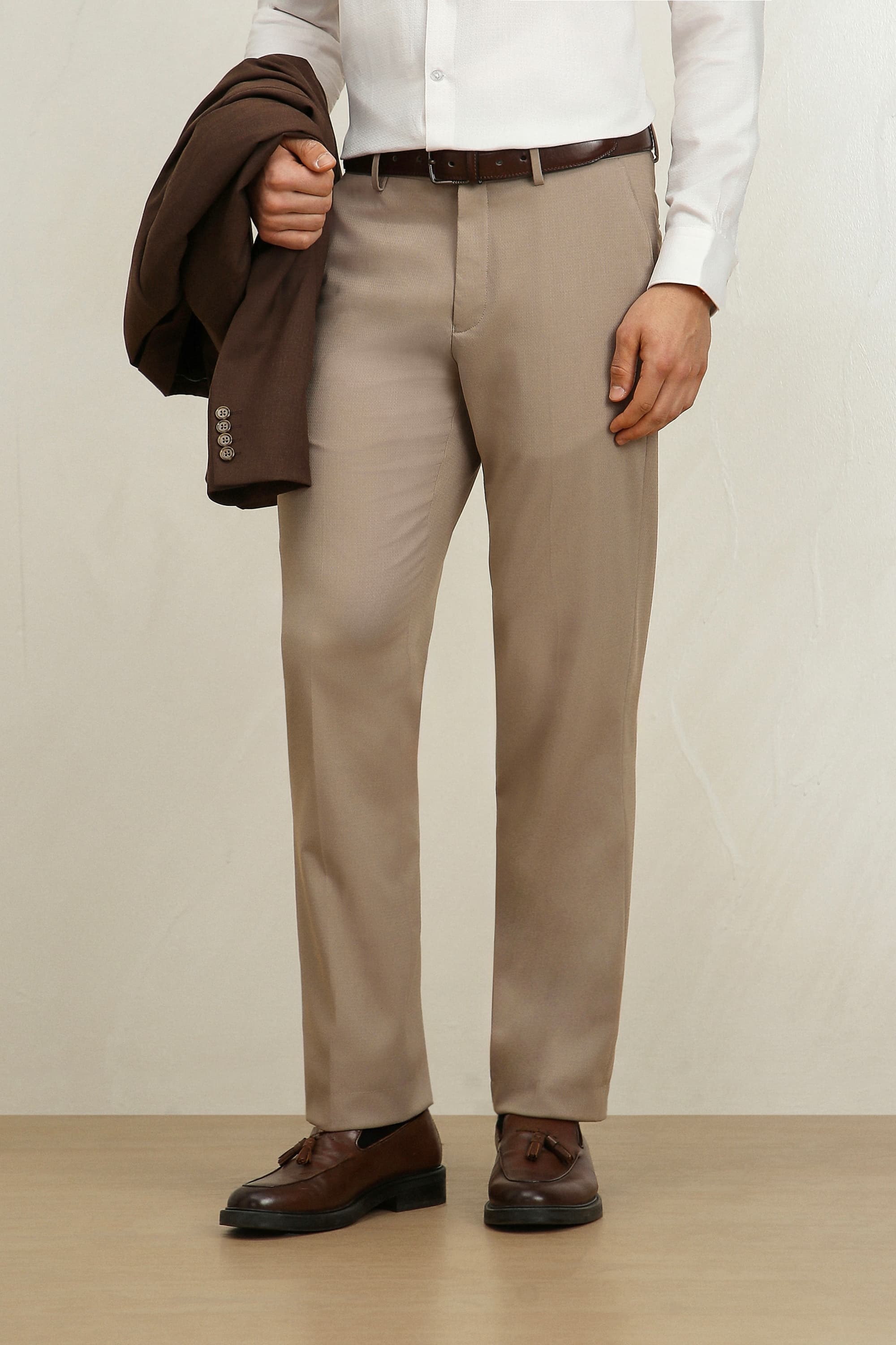 Men Beige Regular Fit Solid Formal Trousers | Louisphilippe Men Beige Regular Fit Solid Formal Trousers | Louisphilippe