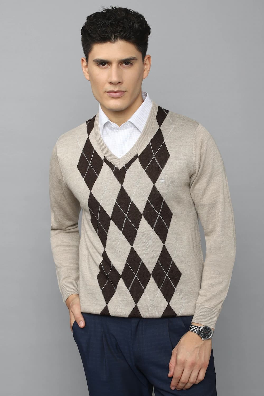 Men Brown Patterned V Neck Full Sleeves Sweater | Louisphilippe Men Brown Patterned V Neck Full Sleeves Sweater | Louisphilippe