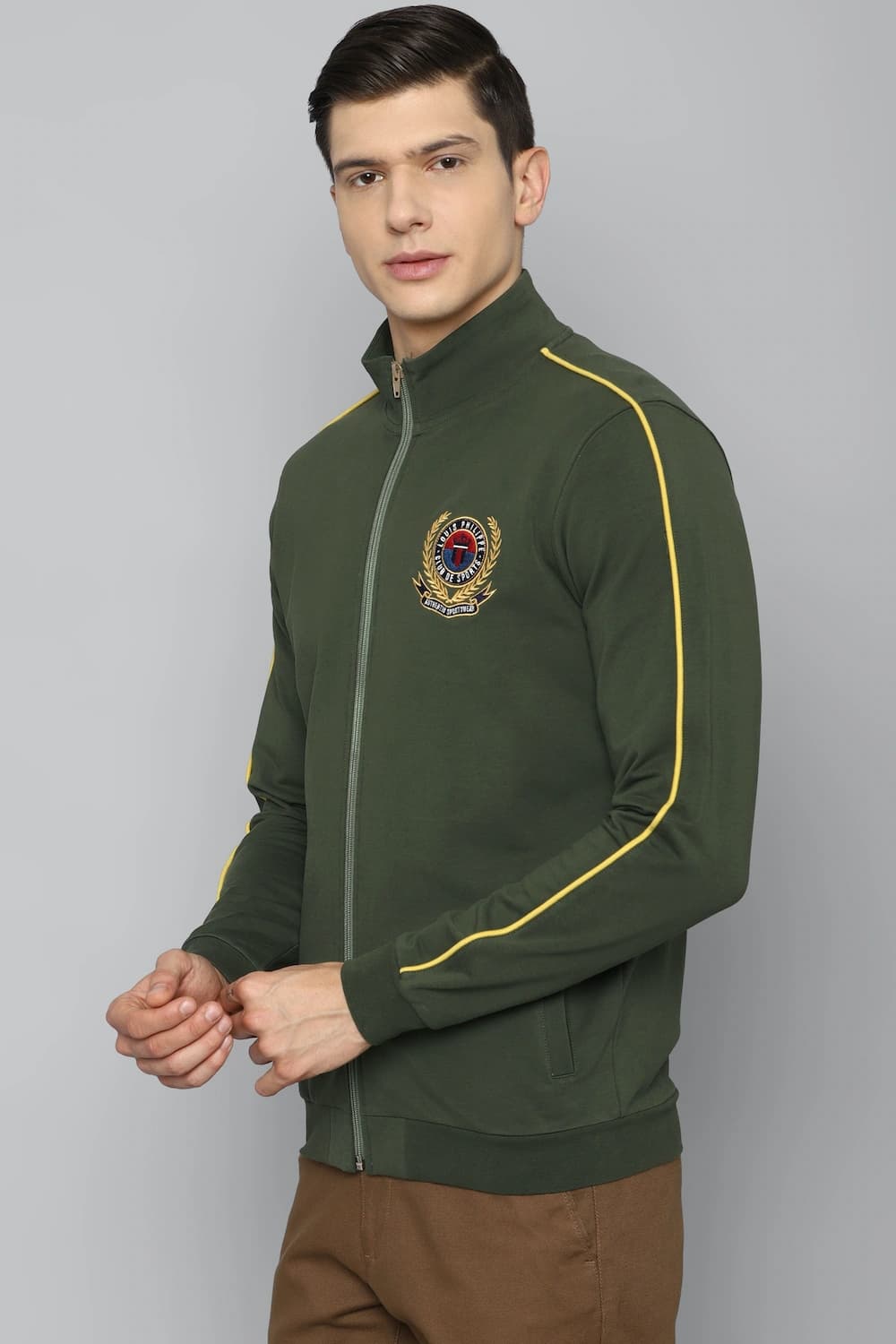 Men Casual Olive Solid Sweatshirt | Louisphilippe Men Casual Olive Solid Sweatshirt | Louisphilippe