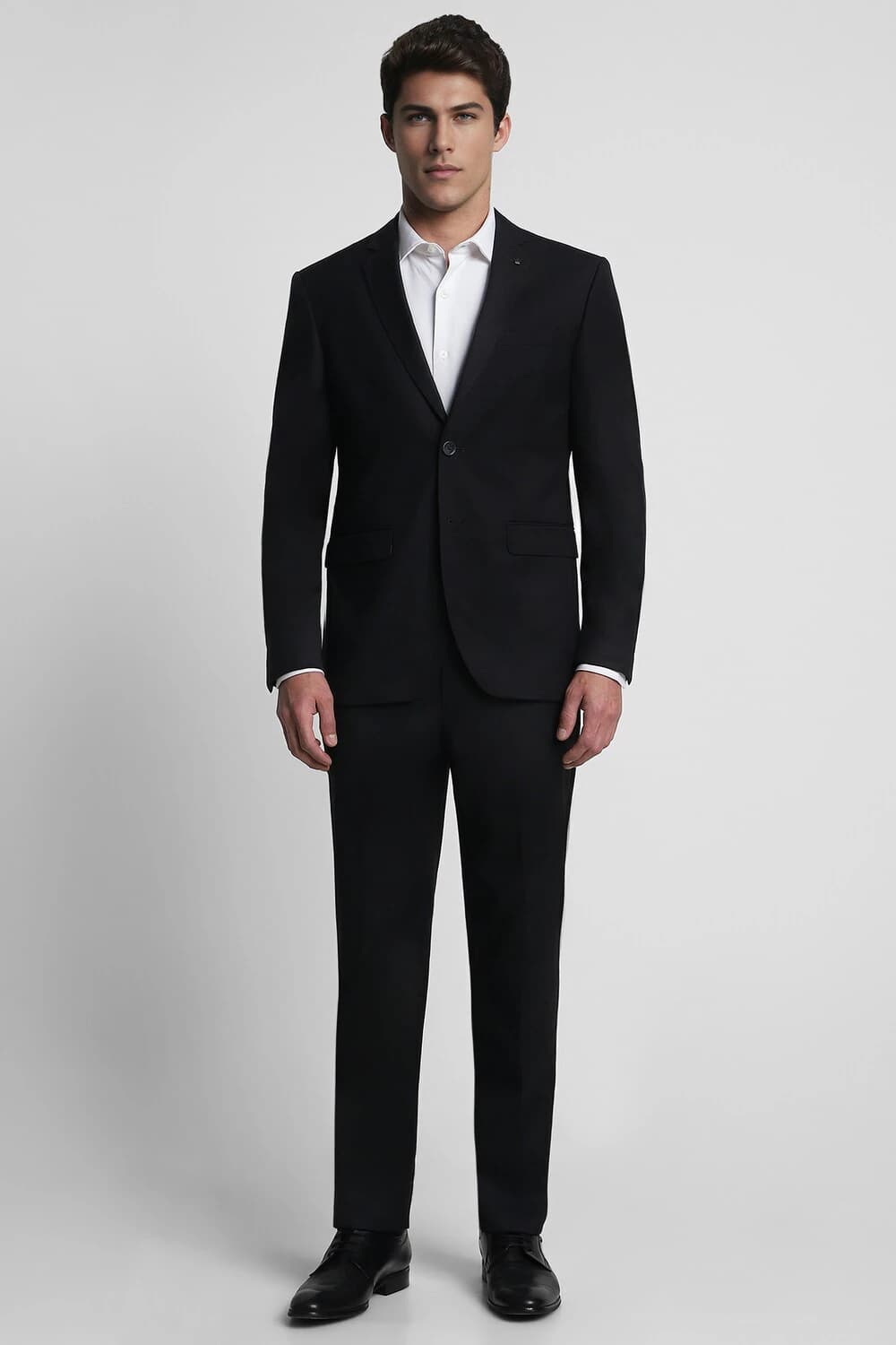 Men Black Slim Fit Solid Formal Two Piece Suit | Louisphilippe Men Black Slim Fit Solid Formal Two Piece Suit | Louisphilippe