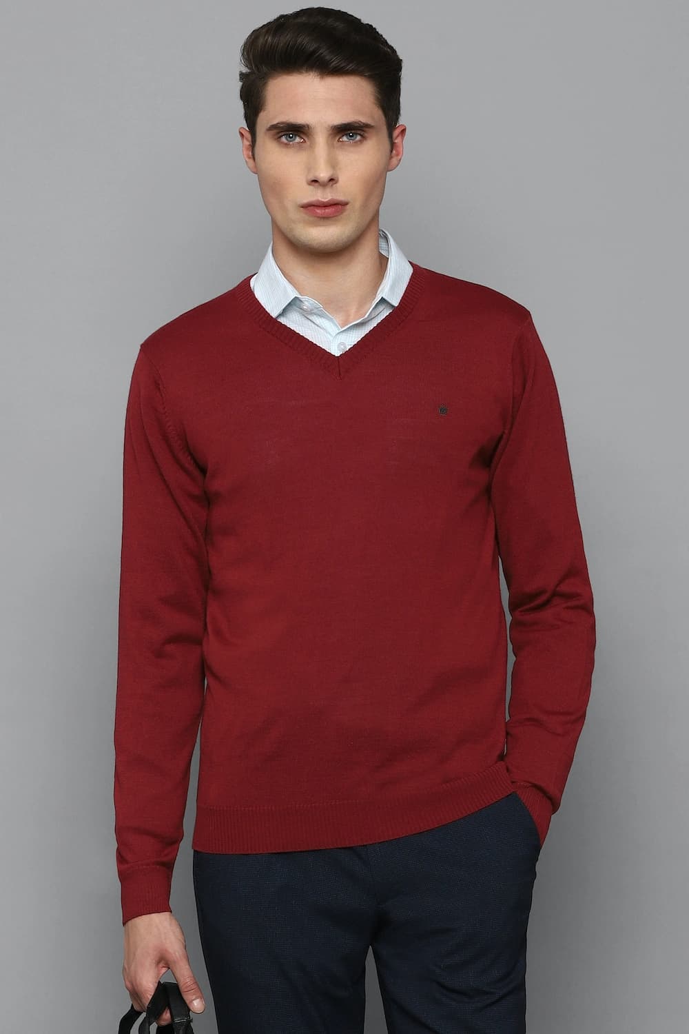 Men Maroon Solid V Neck Full Sleeves Sweater | Louisphilippe Men Maroon Solid V Neck Full Sleeves Sweater | Louisphilippe