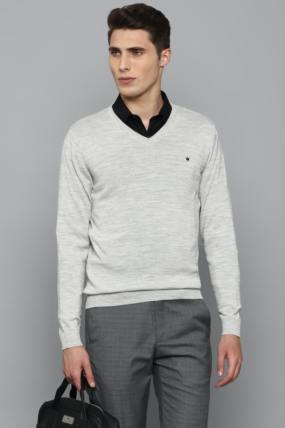 Men Grey Textured V Neck Full Sleeves Sweater | Louisphilippe Men Grey Textured V Neck Full Sleeves Sweater | Louisphilippe