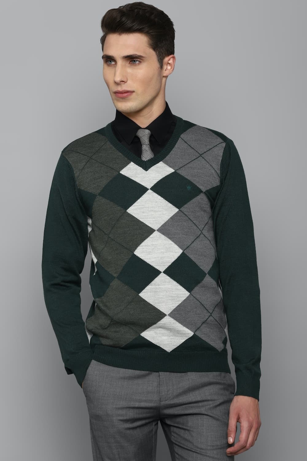 Men Green Check V Neck Full Sleeves Sweater | Louisphilippe Men Green Check V Neck Full Sleeves Sweater | Louisphilippe