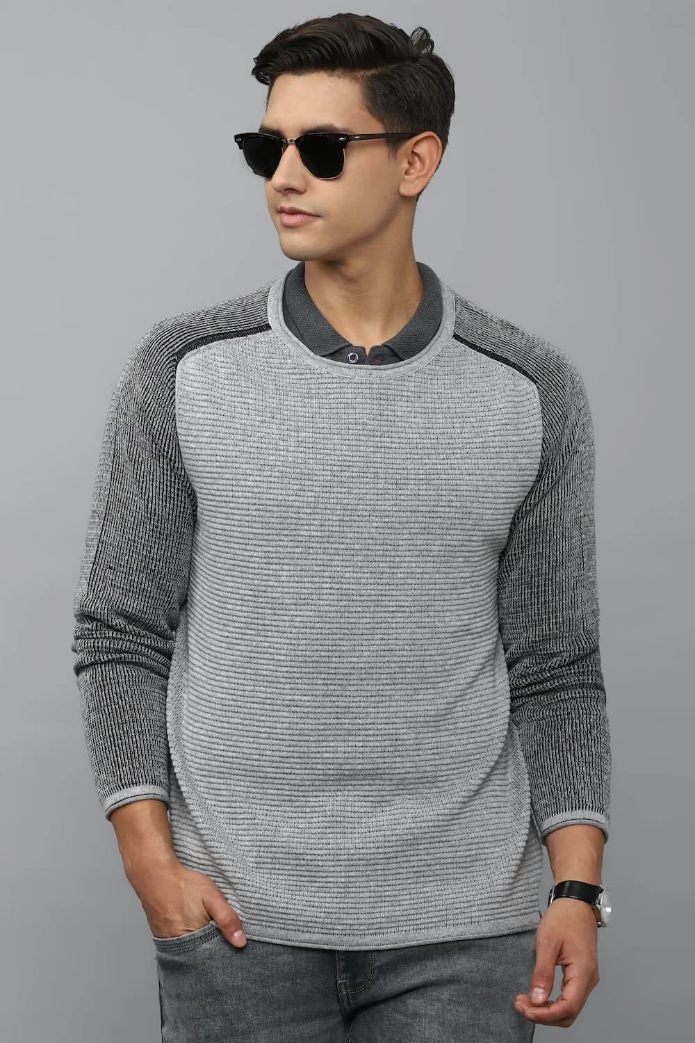 Men Grey Stripe Crew Neck Full Sleeves Sweater | Louisphilippe Men Grey Stripe Crew Neck Full Sleeves Sweater | Louisphilippe