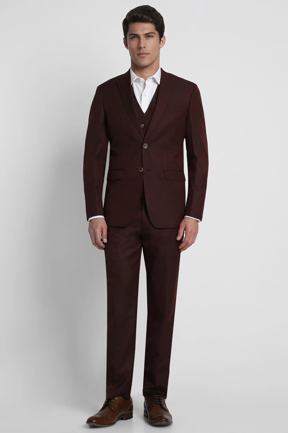 Men Maroon Slim Fit Print Formal Three Piece Suit | Louisphilippe Men Maroon Slim Fit Print Formal Three Piece Suit | Louisphilippe