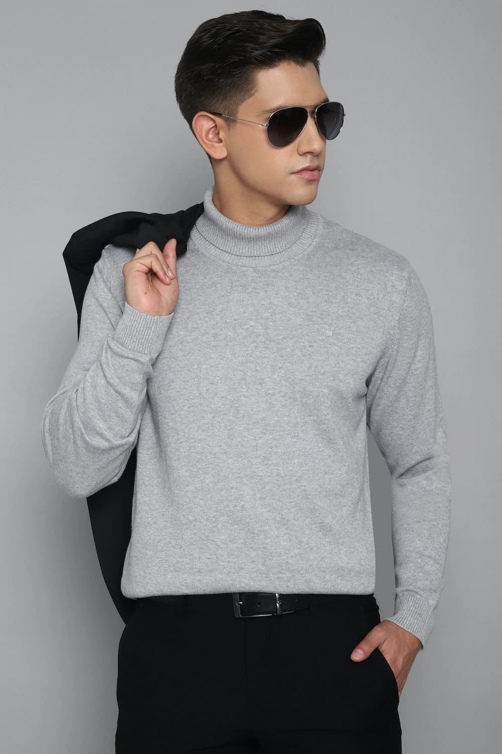 Men Grey Solid Turtle Neck Full Sleeves Sweater | Louisphilippe Men Grey Solid Turtle Neck Full Sleeves Sweater | Louisphilippe