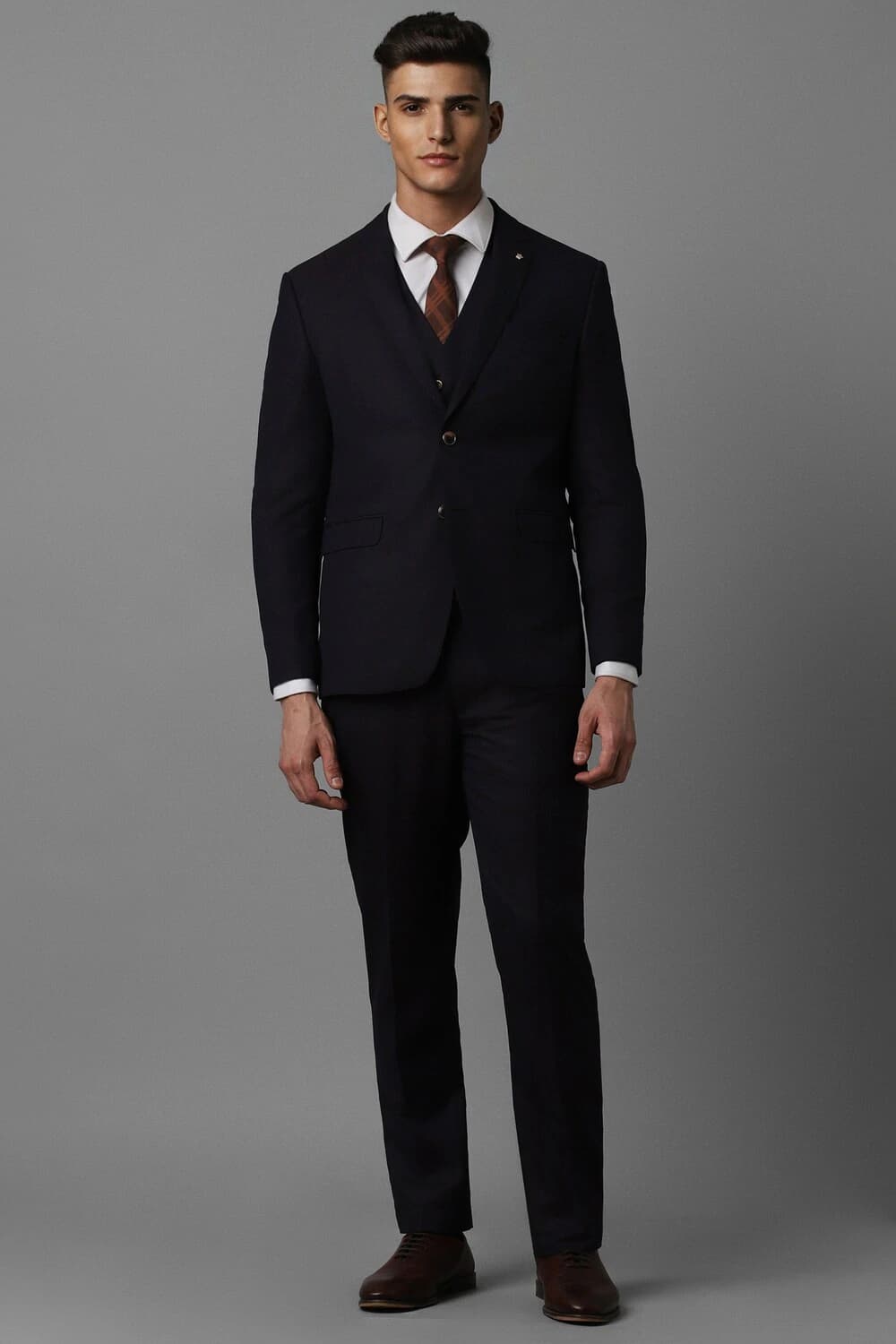 Men Navy Slim Fit Textured Formal Three Piece Suit | Louisphilippe Men Navy Slim Fit Textured Formal Three Piece Suit | Louisphilippe