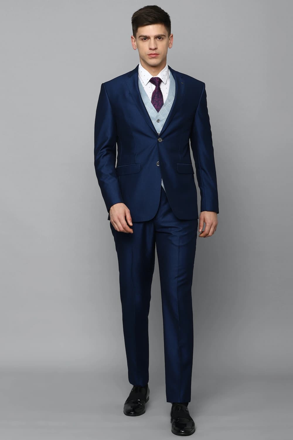 Men Navy Slim Fit Textured Formal Three Piece Suit | Louisphilippe Men Navy Slim Fit Textured Formal Three Piece Suit | Louisphilippe