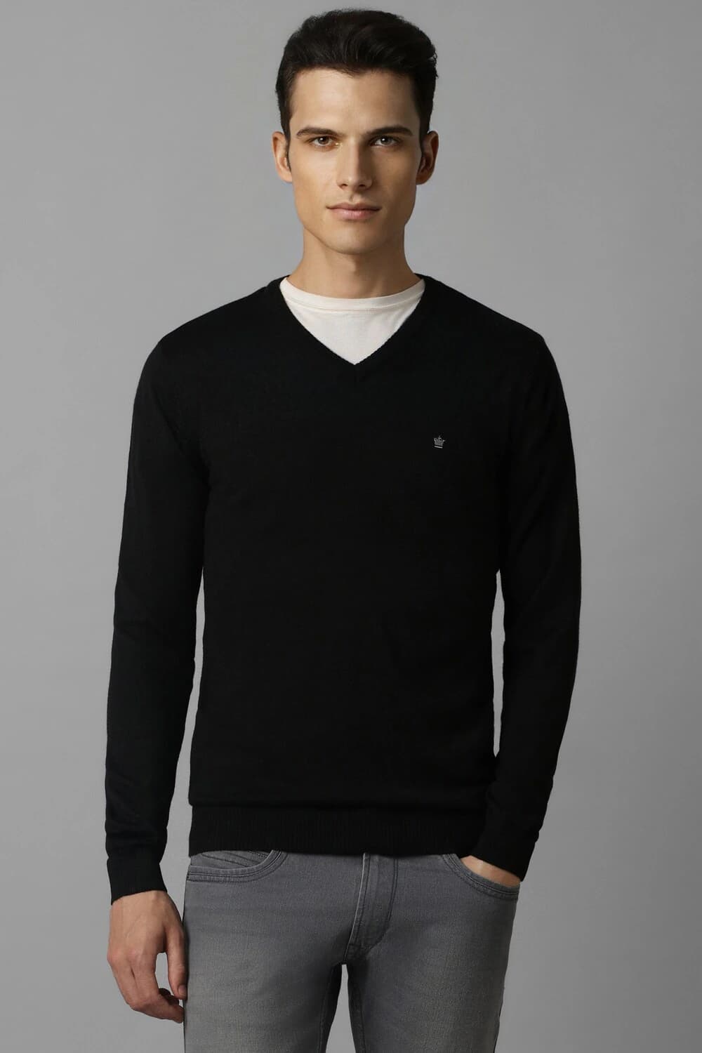Men Black Solid V Neck Full Sleeves Sweater | Louisphilippe Men Black Solid V Neck Full Sleeves Sweater | Louisphilippe