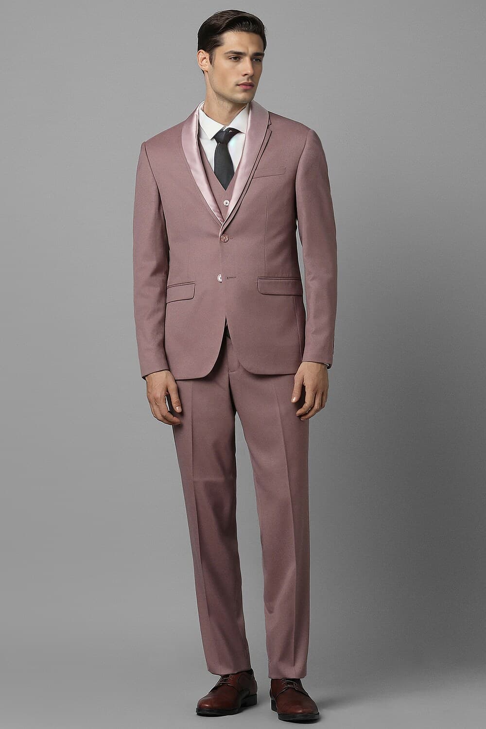 Men Pink Slim Fit Textured Formal Three Piece Suit | Louisphilippe Men Pink Slim Fit Textured Formal Three Piece Suit | Louisphilippe