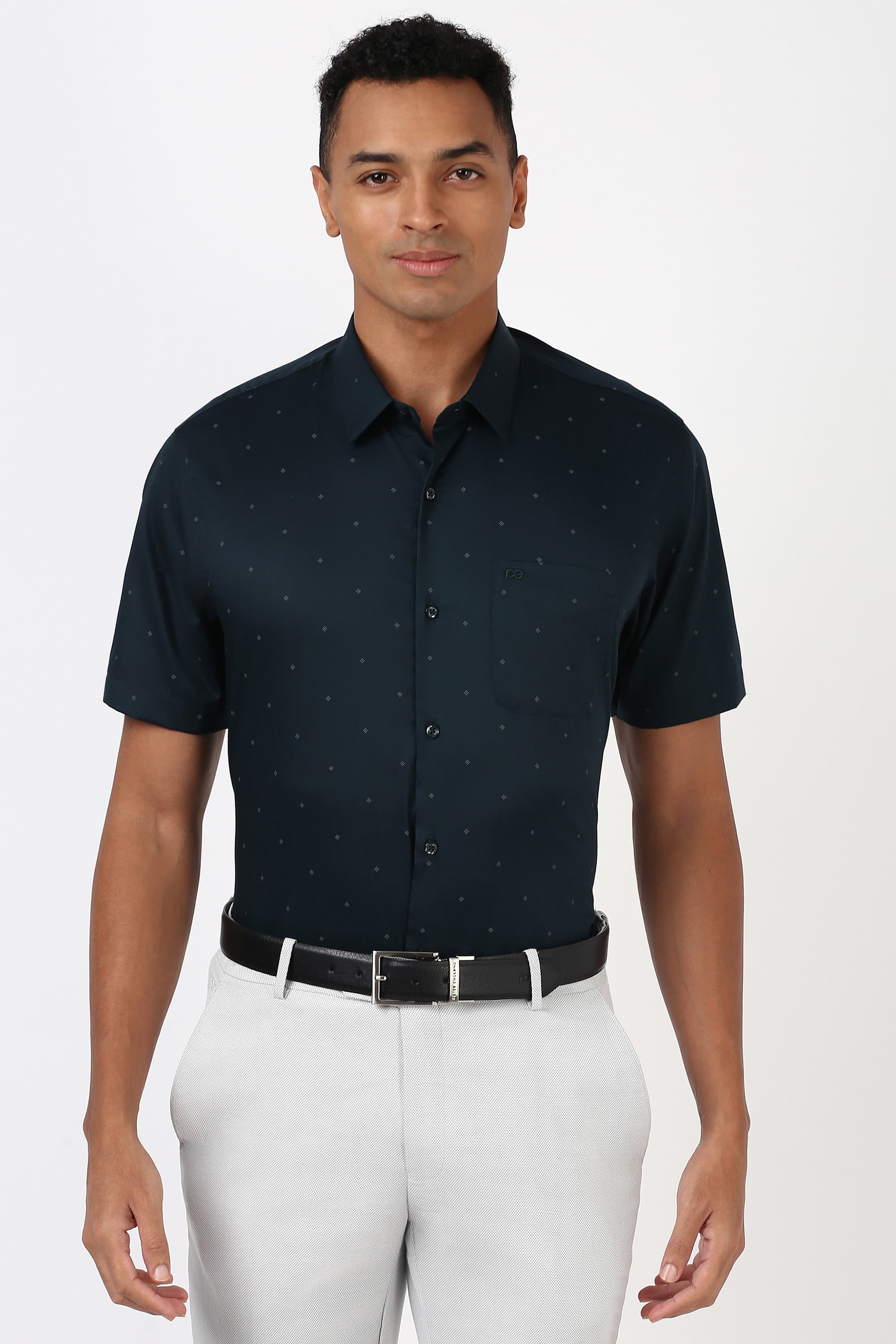 Men Navy Regular Fit Half Sleeves Formal Shirt | Peterengland Men Navy Regular Fit Half Sleeves Formal Shirt | Peterengland