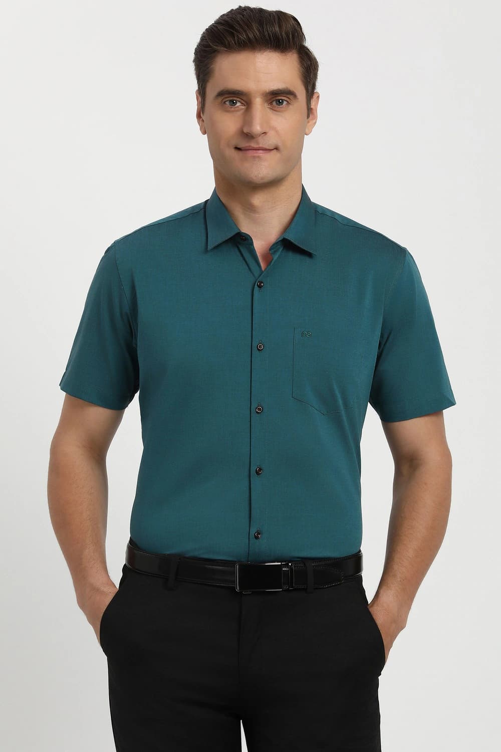 Men Green Regular Fit Half Sleeves Formal Shirt | Peterengland Men Green Regular Fit Half Sleeves Formal Shirt | Peterengland