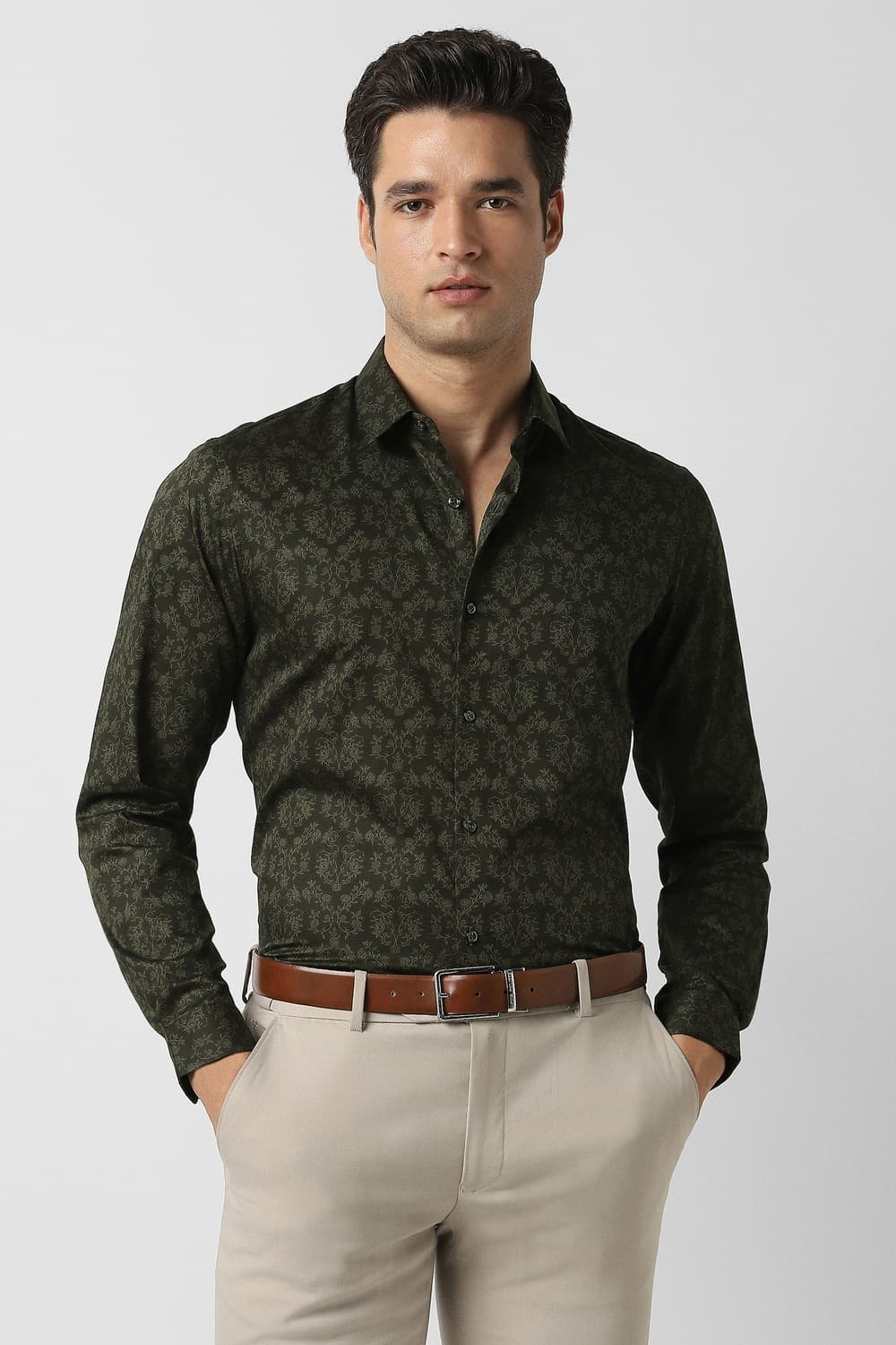Men Dark Olive Slim Fit Full Sleeves Formal Shirt | Peterengland Men Dark Olive Slim Fit Full Sleeves Formal Shirt | Peterengland