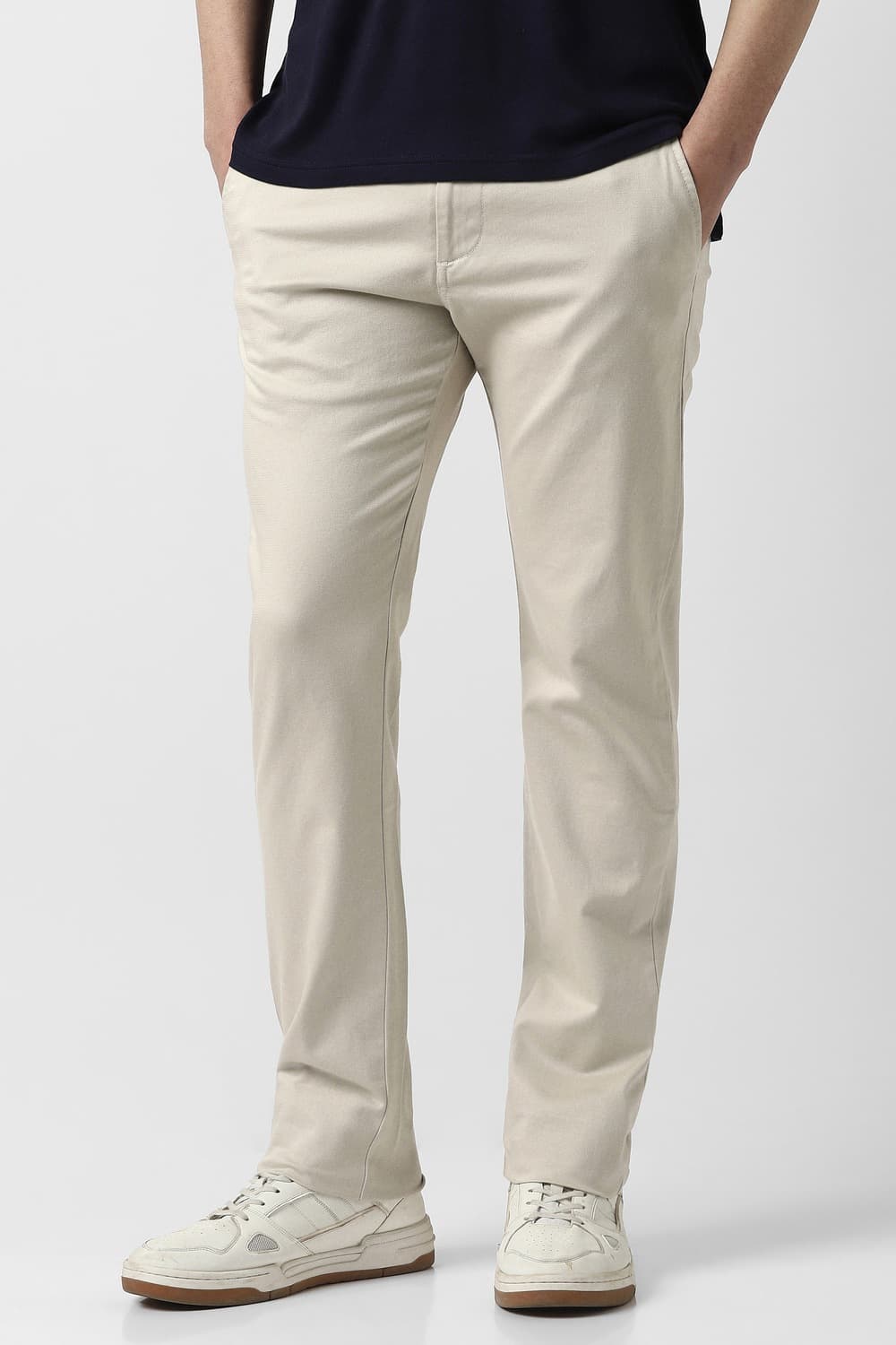 Men Beige Textured Slim Fit Casual Trousers | Peterengland Men Beige Textured Slim Fit Casual Trousers | Peterengland