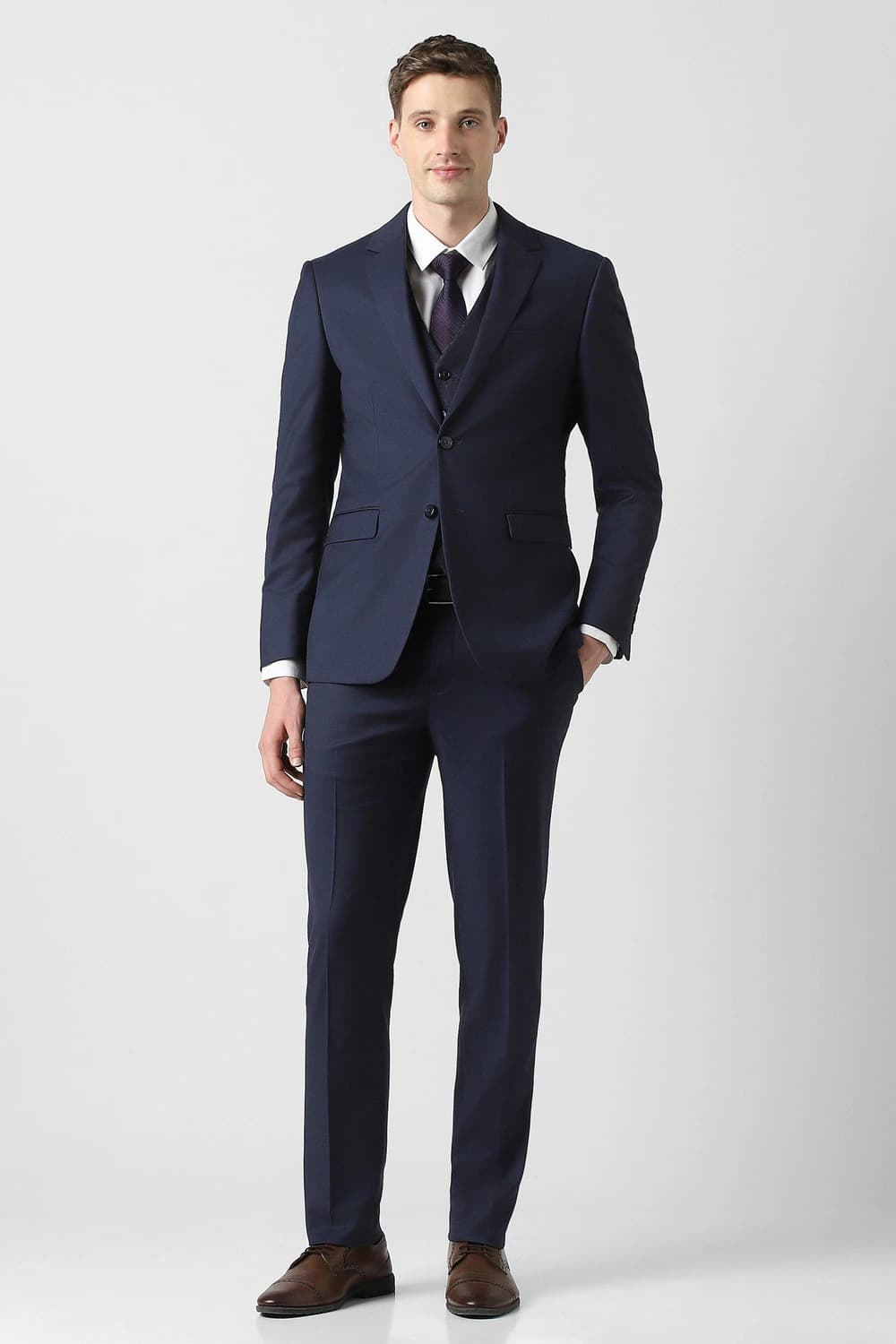 Men Navy Solid Formal Three Piece Suit | Peterengland Men Navy Solid Formal Three Piece Suit | Peterengland