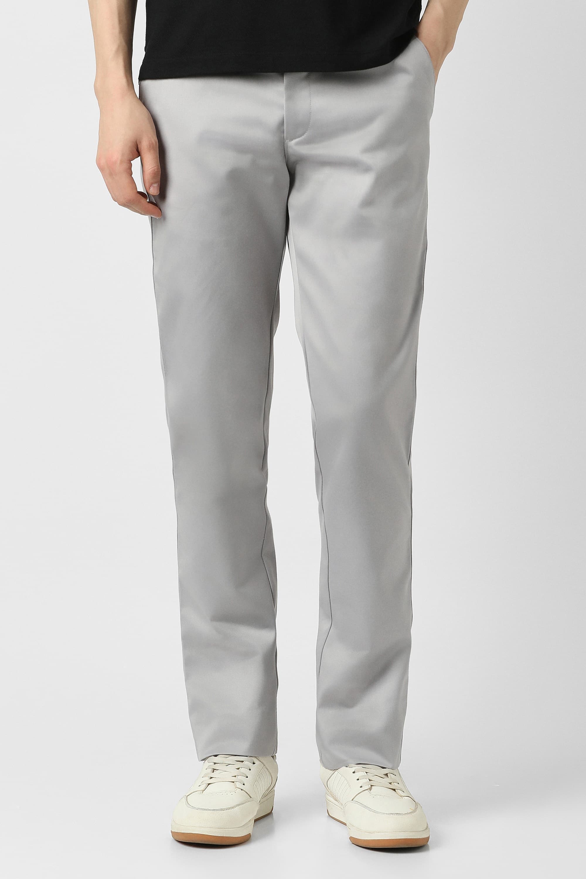 Men Grey Solid Slim Fit Trousers | Peterengland Men Grey Solid Slim Fit Trousers | Peterengland