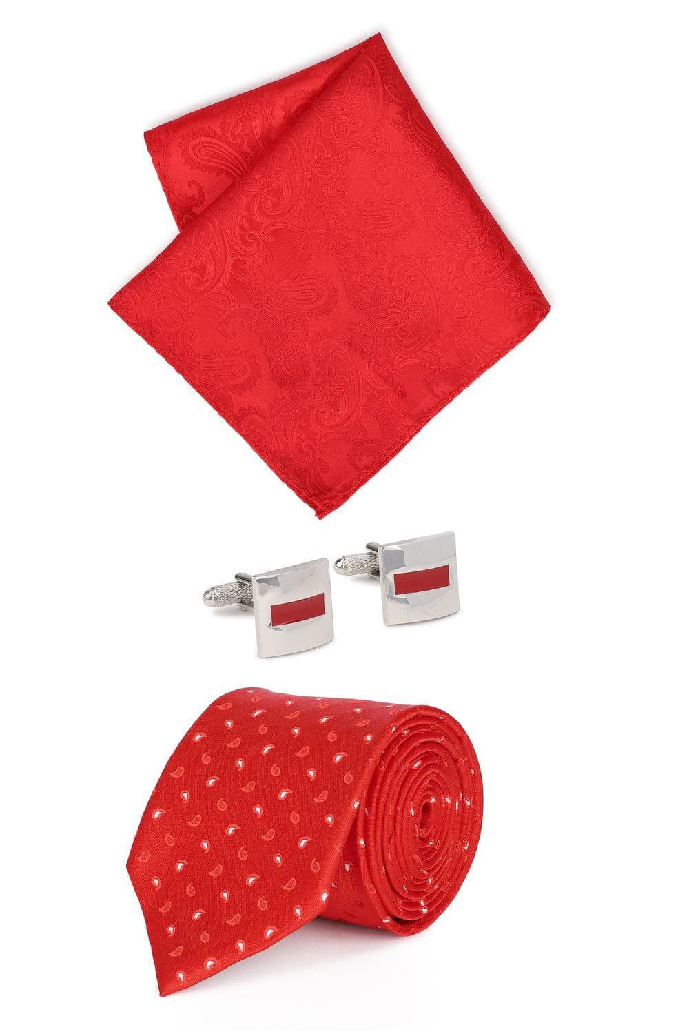 Men Red Patterned Tie Pocket Square And Cufflink | Peterengland Men Red Patterned Tie Pocket Square And Cufflink | Peterengland