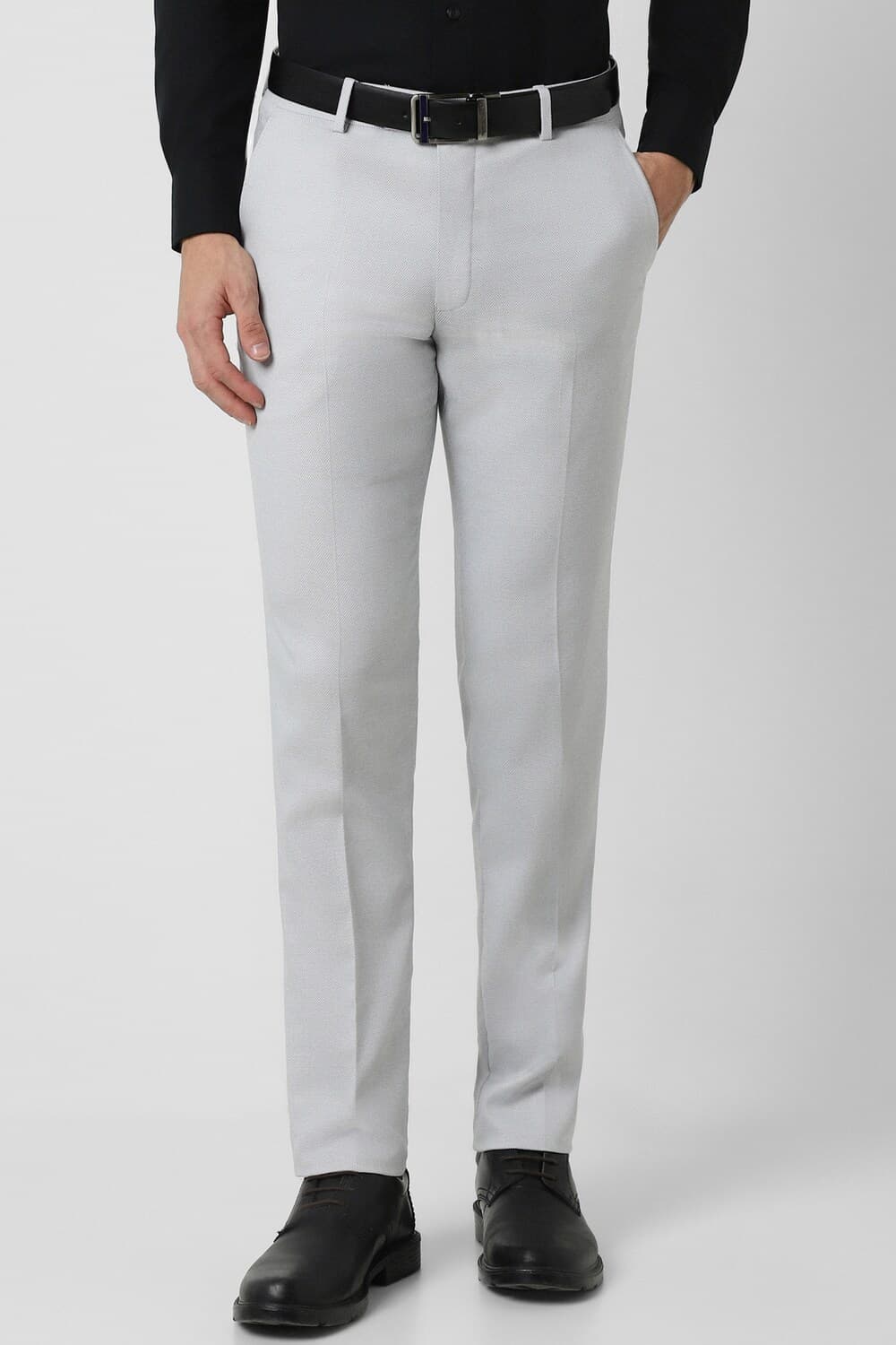 Men Grey Textured Slim Fit Formal Trousers | Peterengland Men Grey Textured Slim Fit Formal Trousers | Peterengland