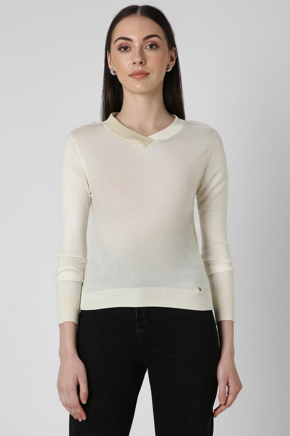 Women Cream Textured V Neck Sweater | Vanheusenindia Women Cream Textured V Neck Sweater | Vanheusenindia