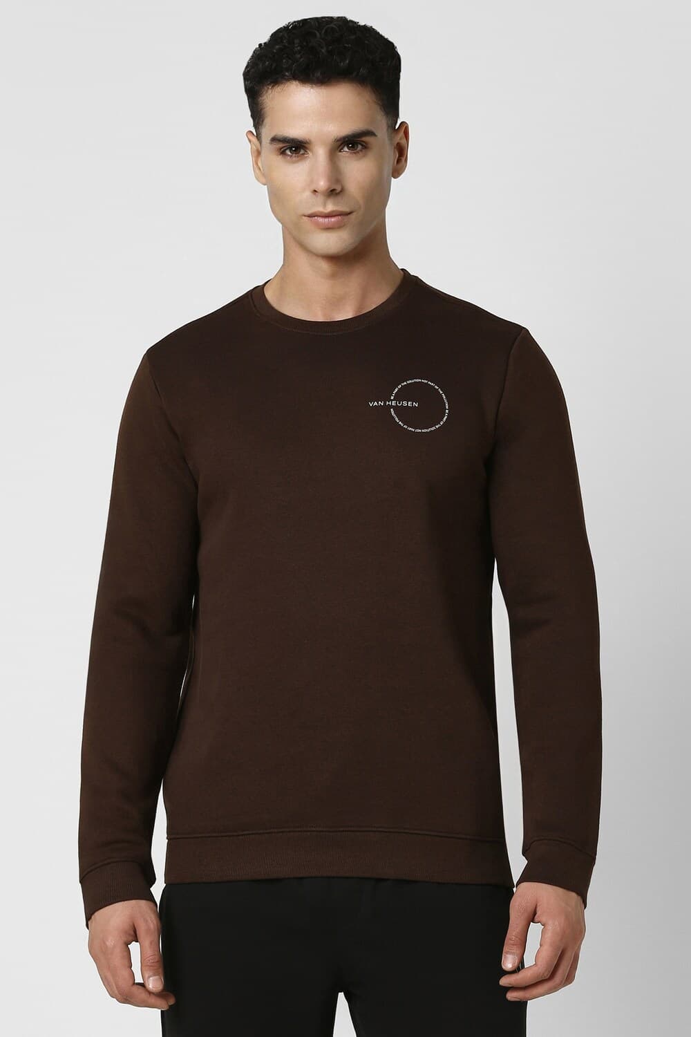 Men Brown Solid Crew Neck Sweatshirt | Vanheusenindia Men Brown Solid Crew Neck Sweatshirt | Vanheusenindia