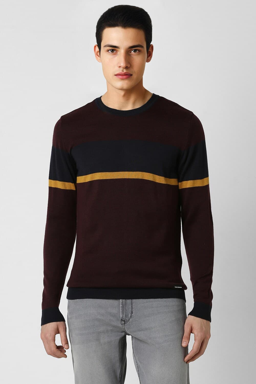 Men Brown Patterned Crew Neck Sweater | Vanheusenindia Men Brown Patterned Crew Neck Sweater | Vanheusenindia