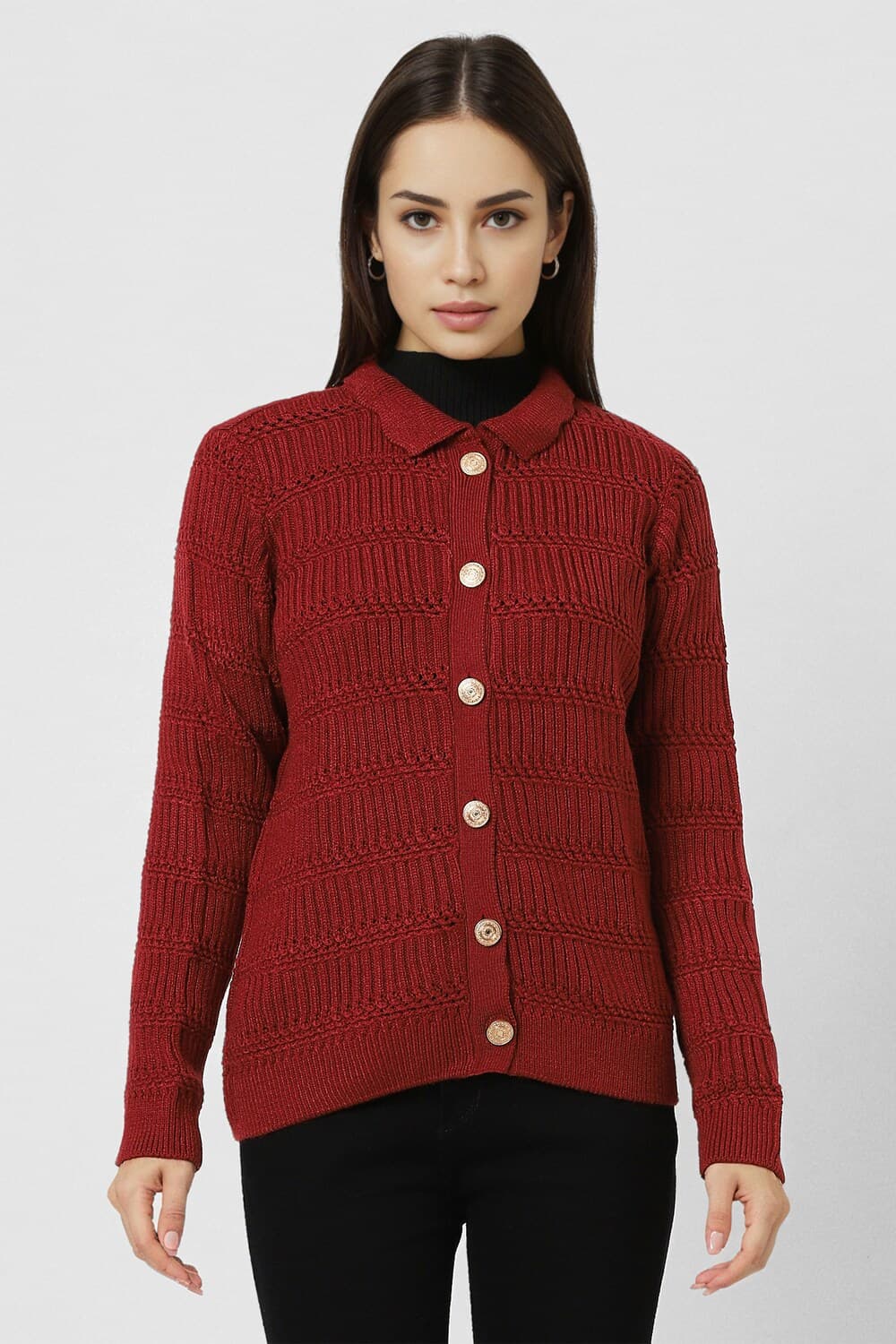 Women Maroon Textured Sweater | Vanheusenindia Women Maroon Textured Sweater | Vanheusenindia