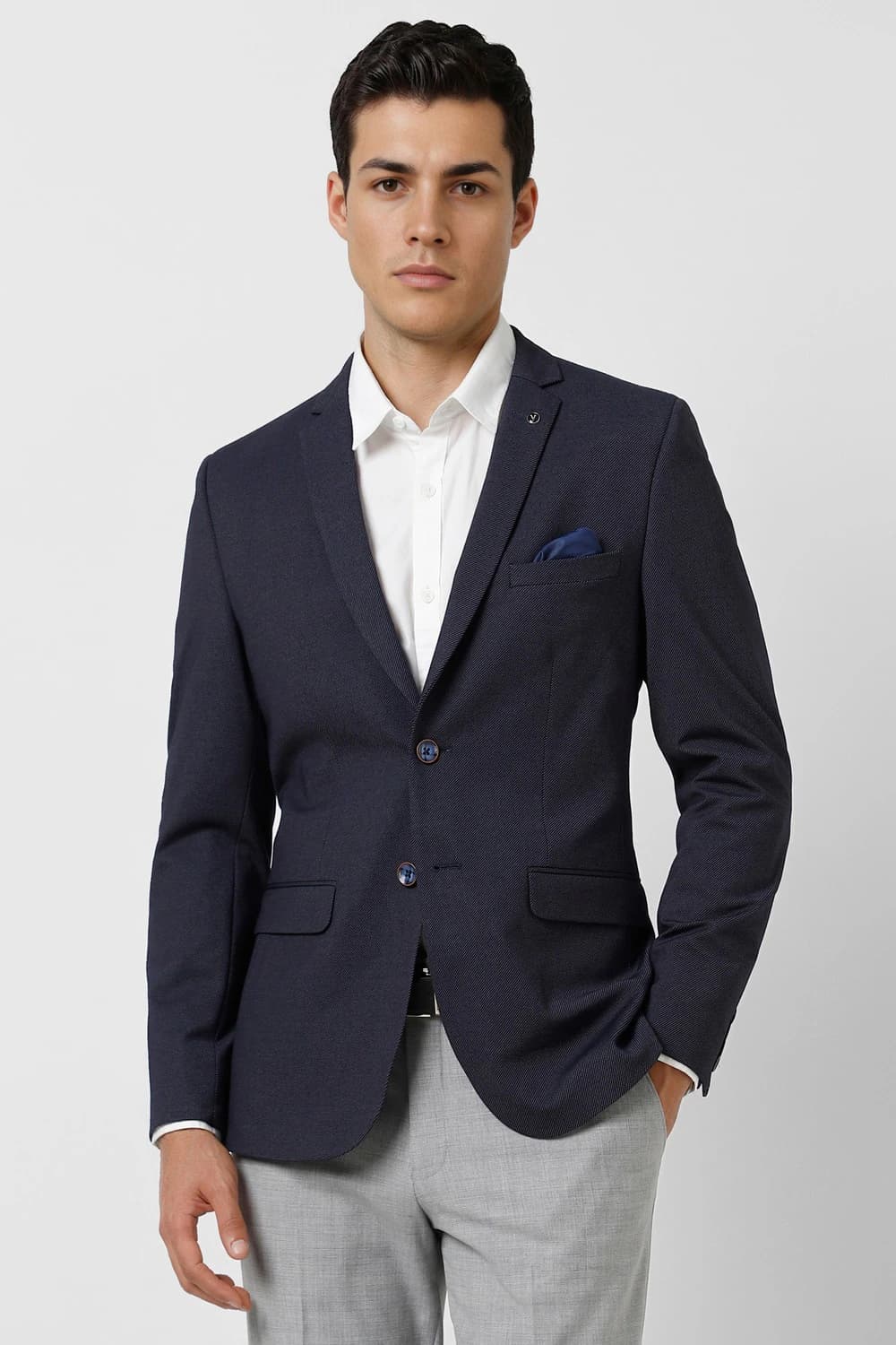 Men Navy Textured Ultra Slim Fit Formal Blazer | Vanheusenindia Men Navy Textured Ultra Slim Fit Formal Blazer | Vanheusenindia