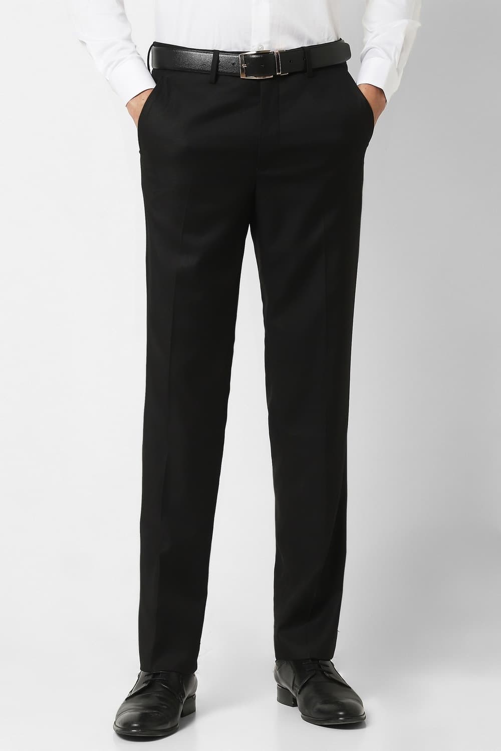 Men Black Textured Regular Fit Trousers | Vanheusenindia Men Black Textured Regular Fit Trousers | Vanheusenindia