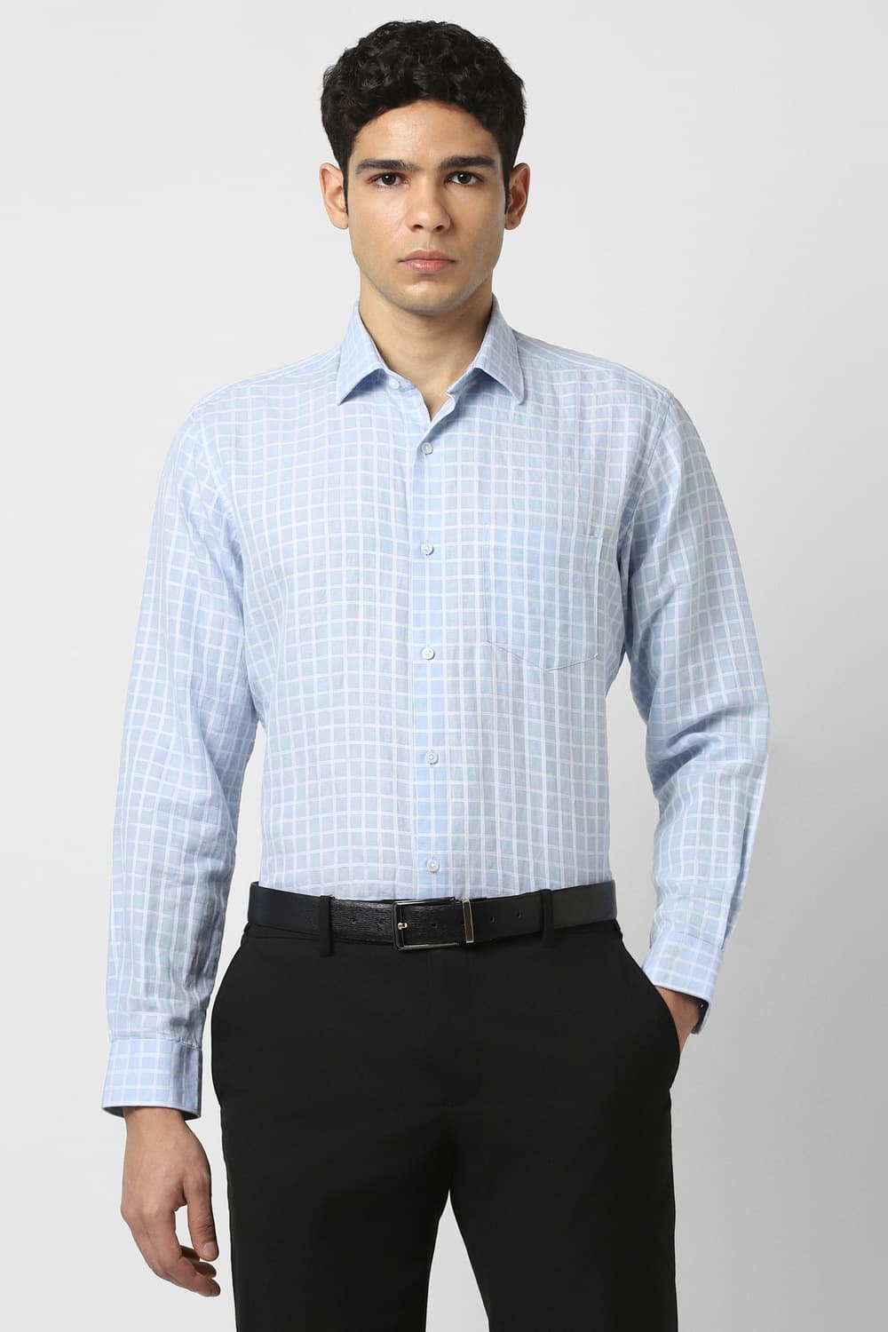 Men Light Blue Regular Fit Check Full Sleeves Formal Shirt | Vanheusenindia Men Light Blue Regular Fit Check Full Sleeves Formal Shirt | Vanheusenindia
