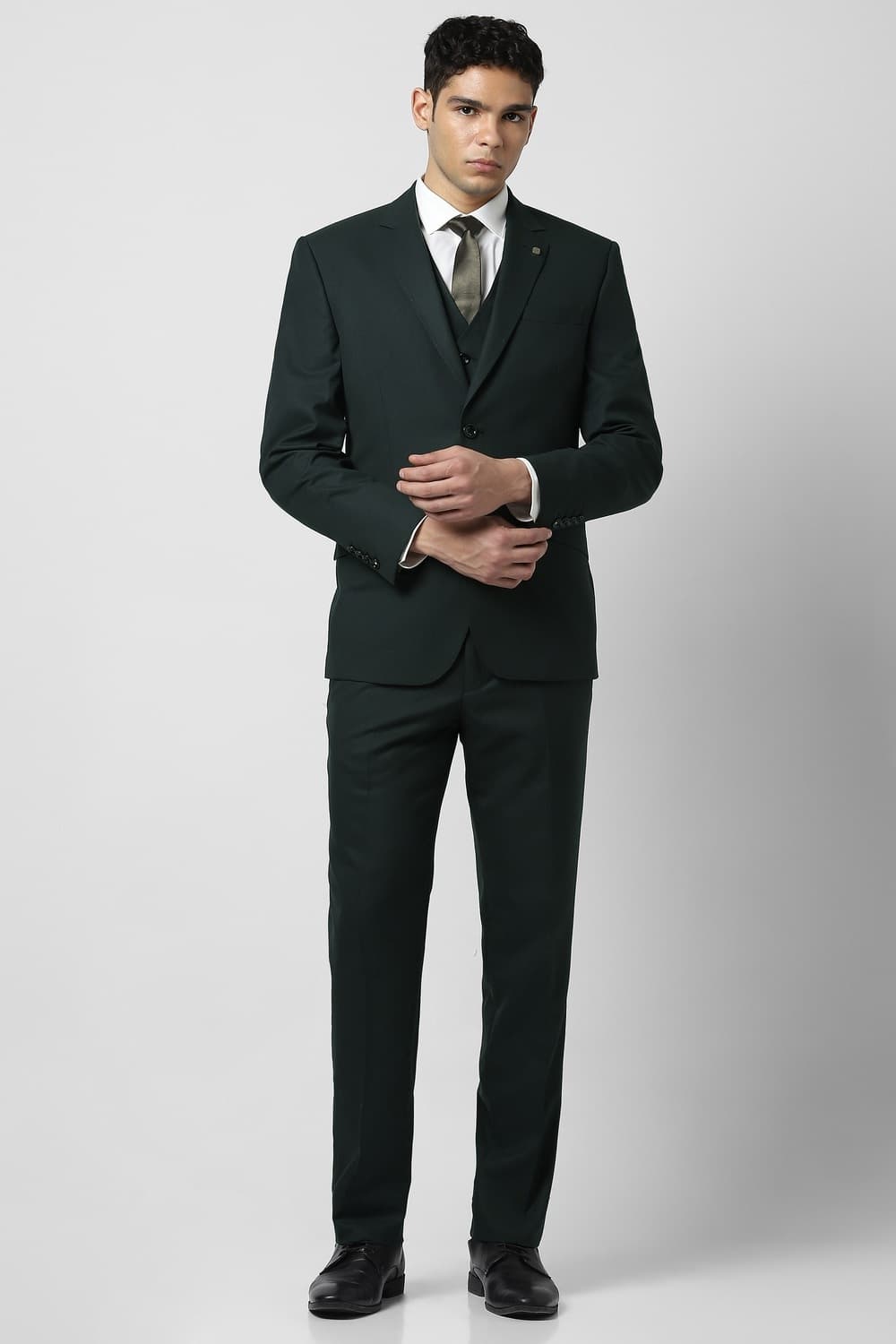 Men Green Textured Slim Fit Formal Three Piece Suit | Vanheusenindia Men Green Textured Slim Fit Formal Three Piece Suit | Vanheusenindia