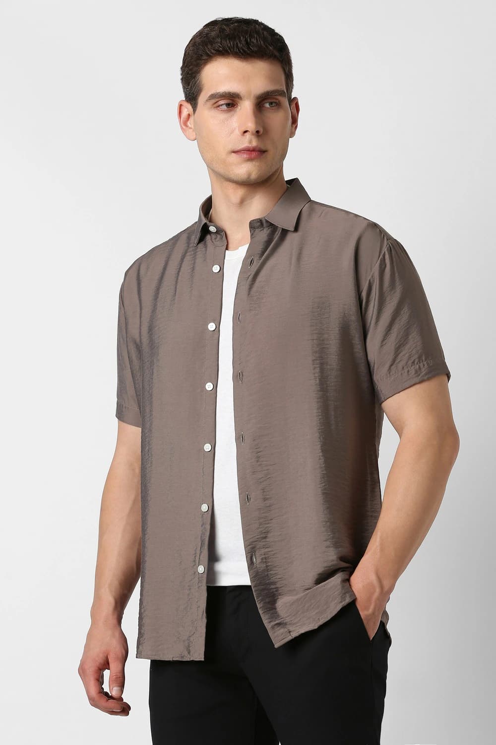 Men Brown Slim Fit Textured Half Sleeves Party Shirt | Vanheusenindia Men Brown Slim Fit Textured Half Sleeves Party Shirt | Vanheusenindia