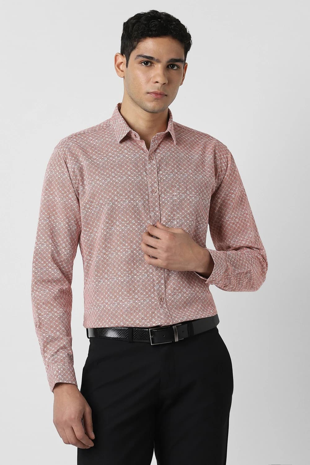 Men Peach Slim Fit Print Full Sleeves Party Shirt | Vanheusenindia Men Peach Slim Fit Print Full Sleeves Party Shirt | Vanheusenindia