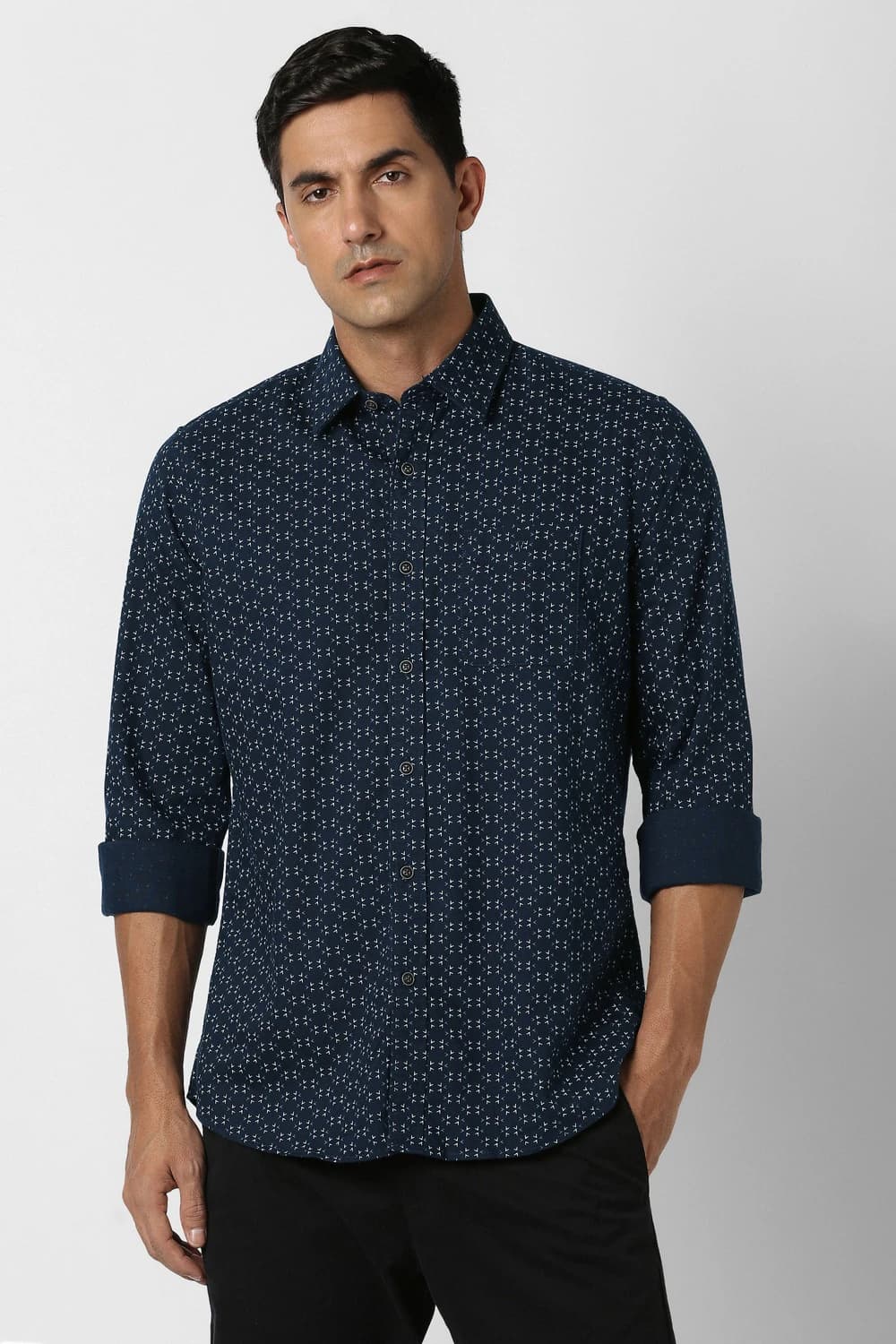 Men Navy Slim Fit Print Full Sleeves Casual Shirt | Vanheusenindia Men Navy Slim Fit Print Full Sleeves Casual Shirt | Vanheusenindia