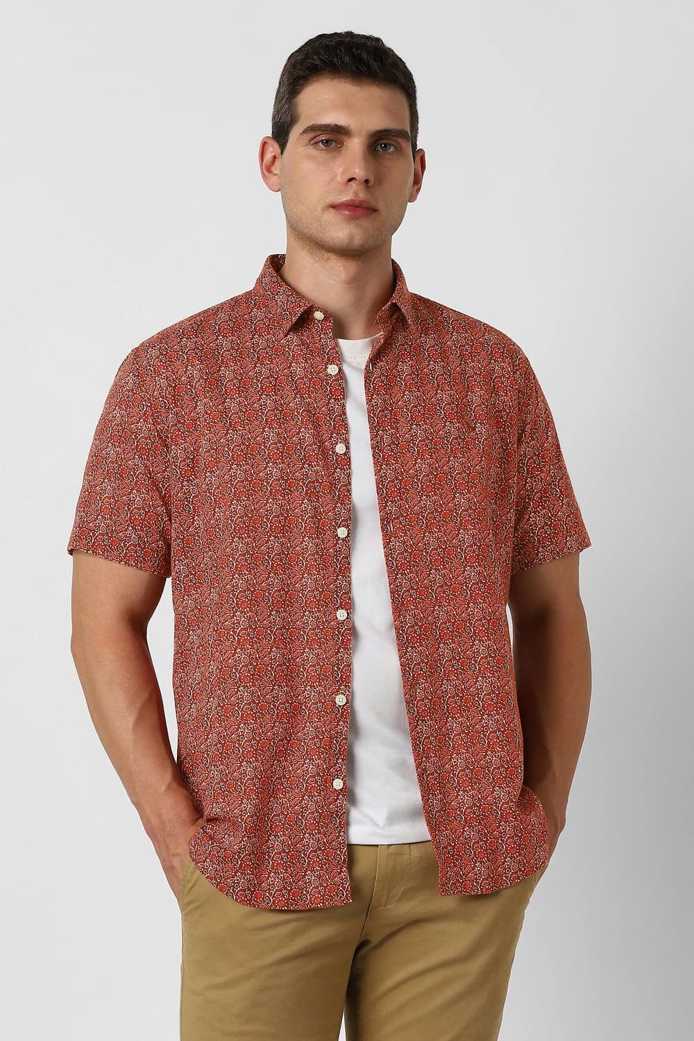 Men Red Slim Fit Printed Half Sleeves Party Shirt | Vanheusenindia Men Red Slim Fit Printed Half Sleeves Party Shirt | Vanheusenindia