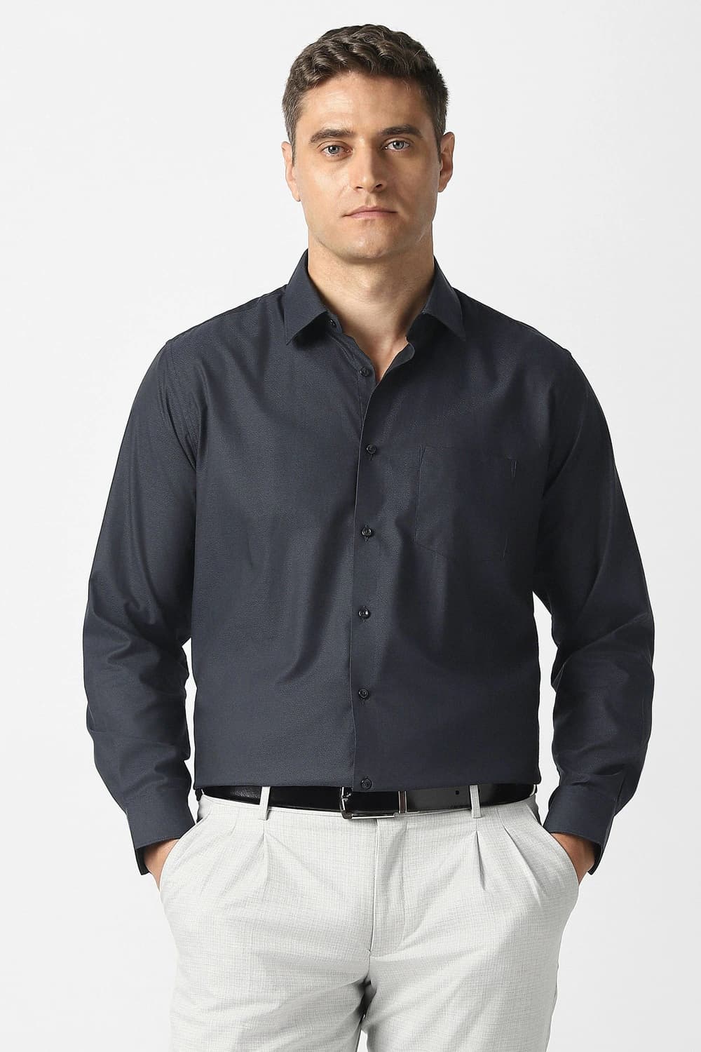 Men Navy Regular Fit Textured Full Sleeves Wedding Shirt | Vanheusenindia Men Navy Regular Fit Textured Full Sleeves Wedding Shirt | Vanheusenindia