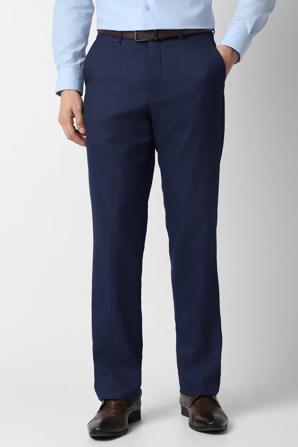 Men Navy Solid Custom Fit Trousers | Vanheusenindia Men Navy Solid Custom Fit Trousers | Vanheusenindia