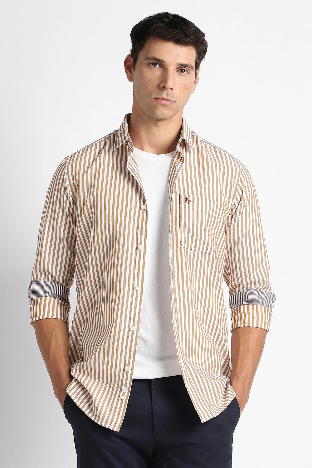 Men Brown Slim Fit Striped Full Sleeves Casual Shirt | Vanheusenindia Men Brown Slim Fit Striped Full Sleeves Casual Shirt | Vanheusenindia