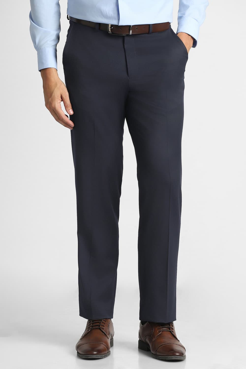 Men Navy Solid Custom Fit Trousers | Vanheusenindia Men Navy Solid Custom Fit Trousers | Vanheusenindia
