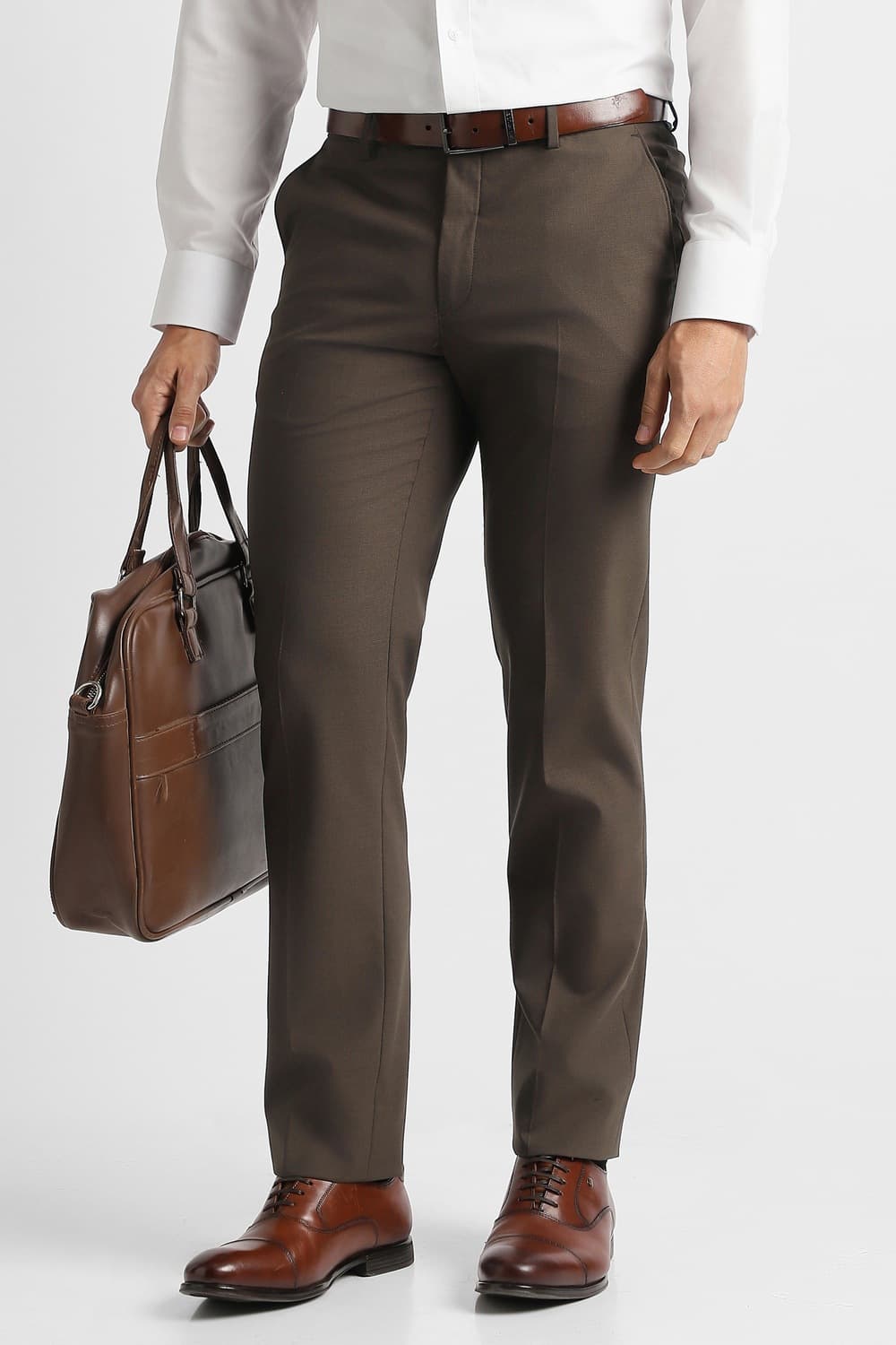 Men Brown Textured Slim Fit Trousers | Vanheusenindia Men Brown Textured Slim Fit Trousers | Vanheusenindia